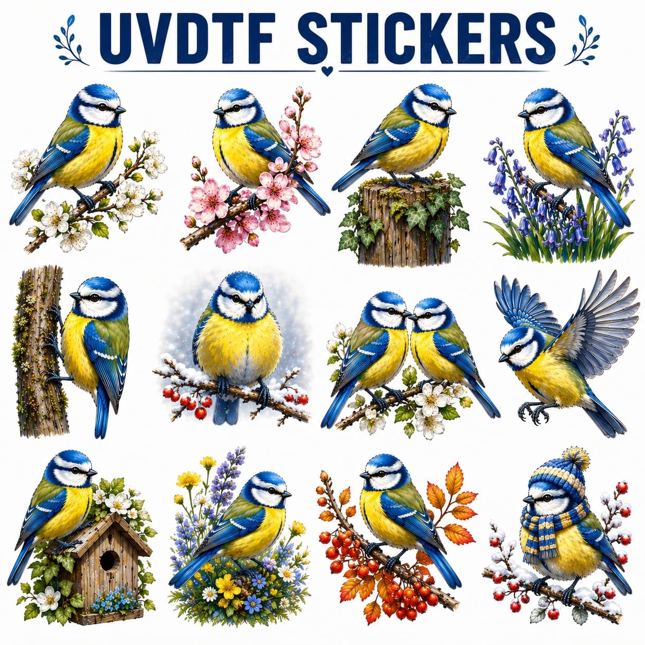 UV DTF Blue Tit Bird Sticker, 2.5x2.5 Inch, Waterproof Transfer Decals for Mugs, Water Bottles, Laptops, Pack of 12