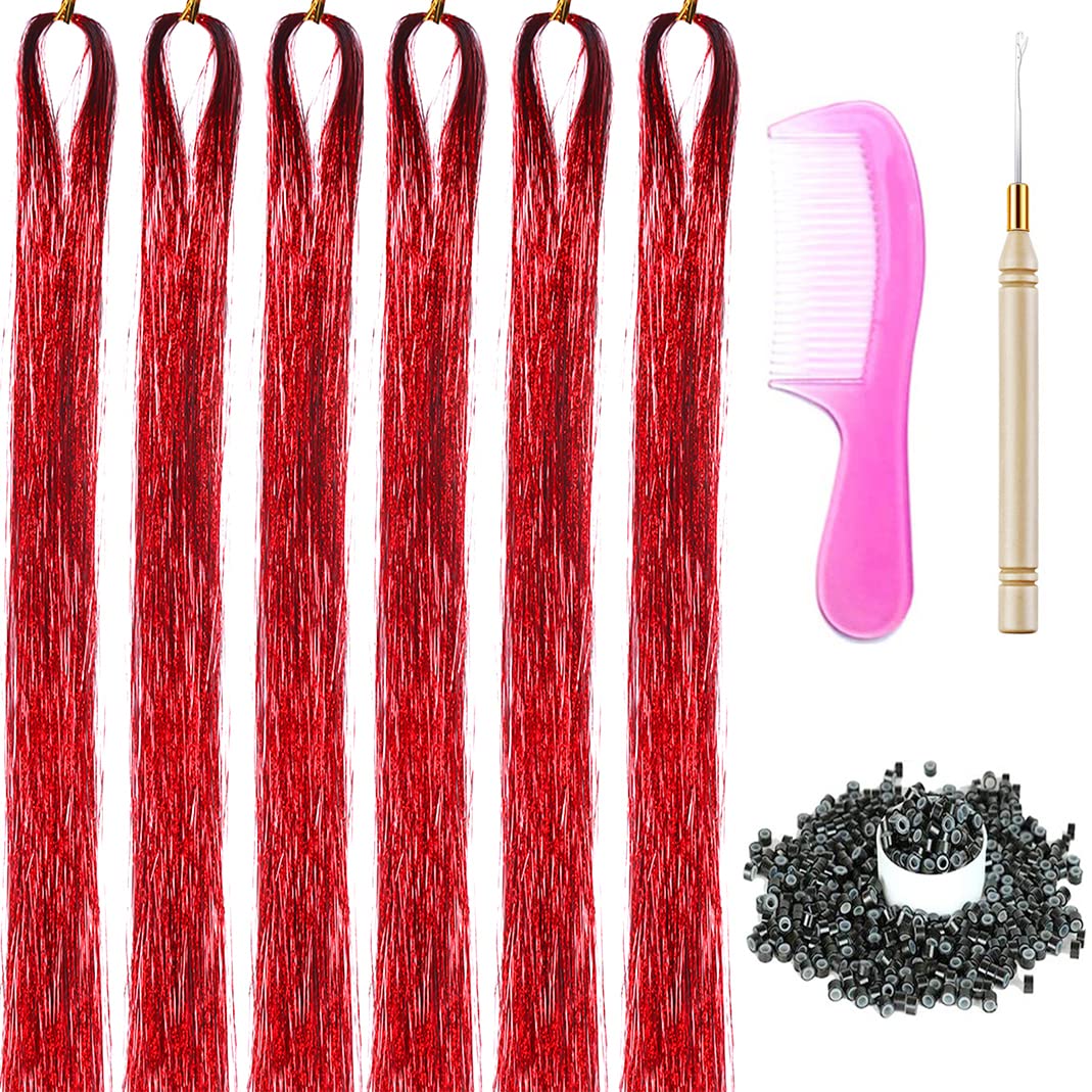 6 Packs 43 Inch Hair Tinsel Extensions with Tools Kit 1200 Strands Tinsel Hair