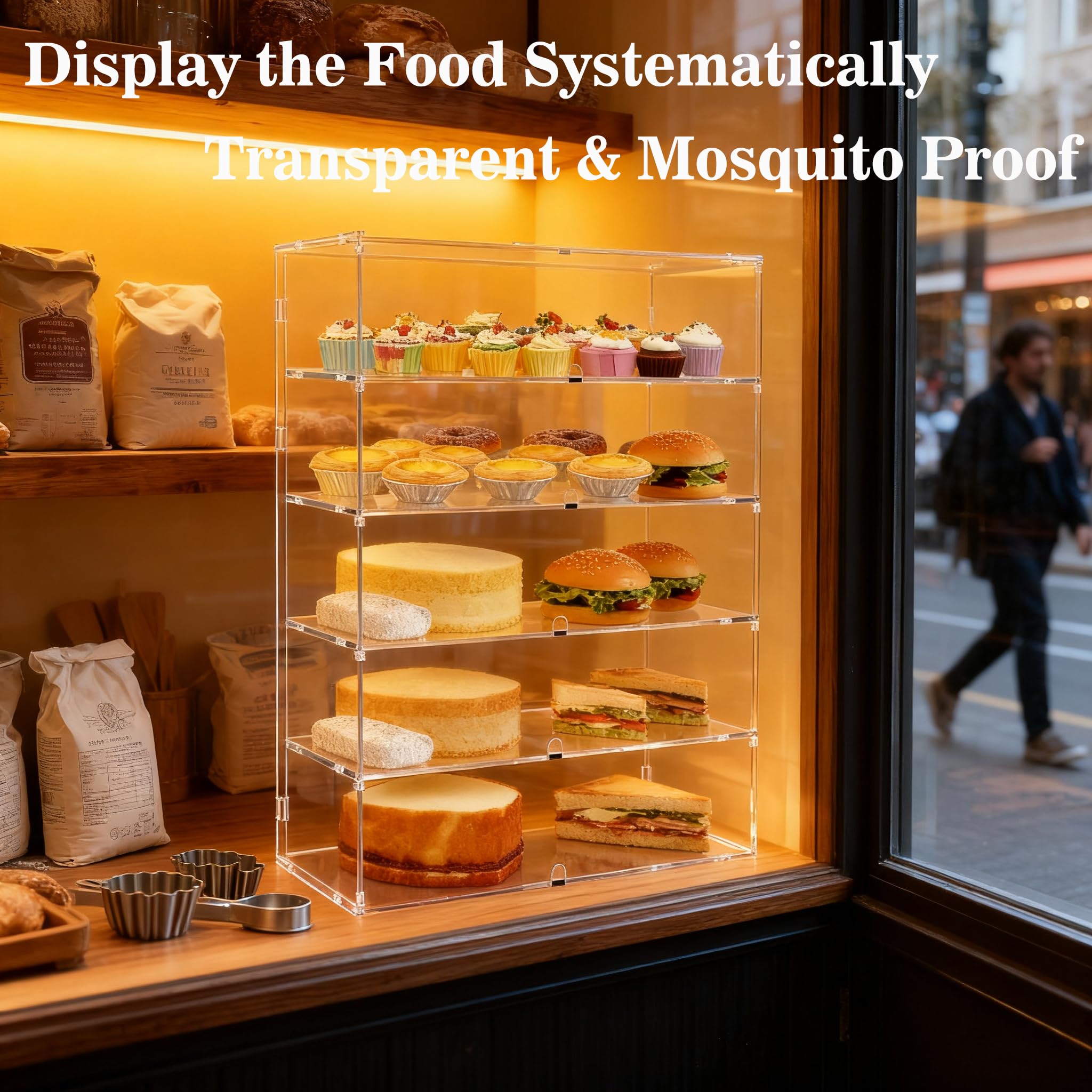 Cityjoy 5 ripiani trasparenti da banco da 5 mm ad alto impatto PETG pannelli trasparenti per pane 64 x 49,5 x 26 cm porte anteriori con fori per le dita (5 Piani)