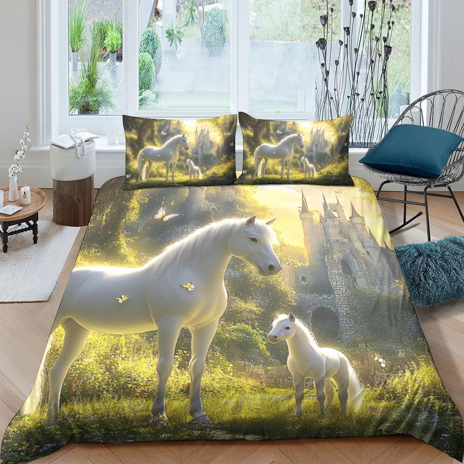 GPLZQXKJNH 3D Printed White Unicorn Forest Duvet Cover Set Microfiber Soft Breathable Magical Fantasy Bedding with 2 Pillowcases Single（135x200cm）
