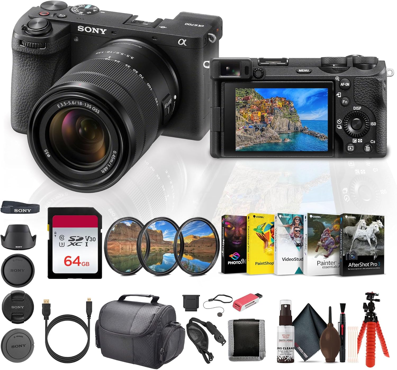 Sony Alpha a6700 Mirrorless Camera Kit with 18–135mm Zoom Lens (ILCE-6700M/B) – 26MP APS-C Sensor | AI Autofocus + 64GB Card + Filter Kit + Card Reader + Photo Software + More