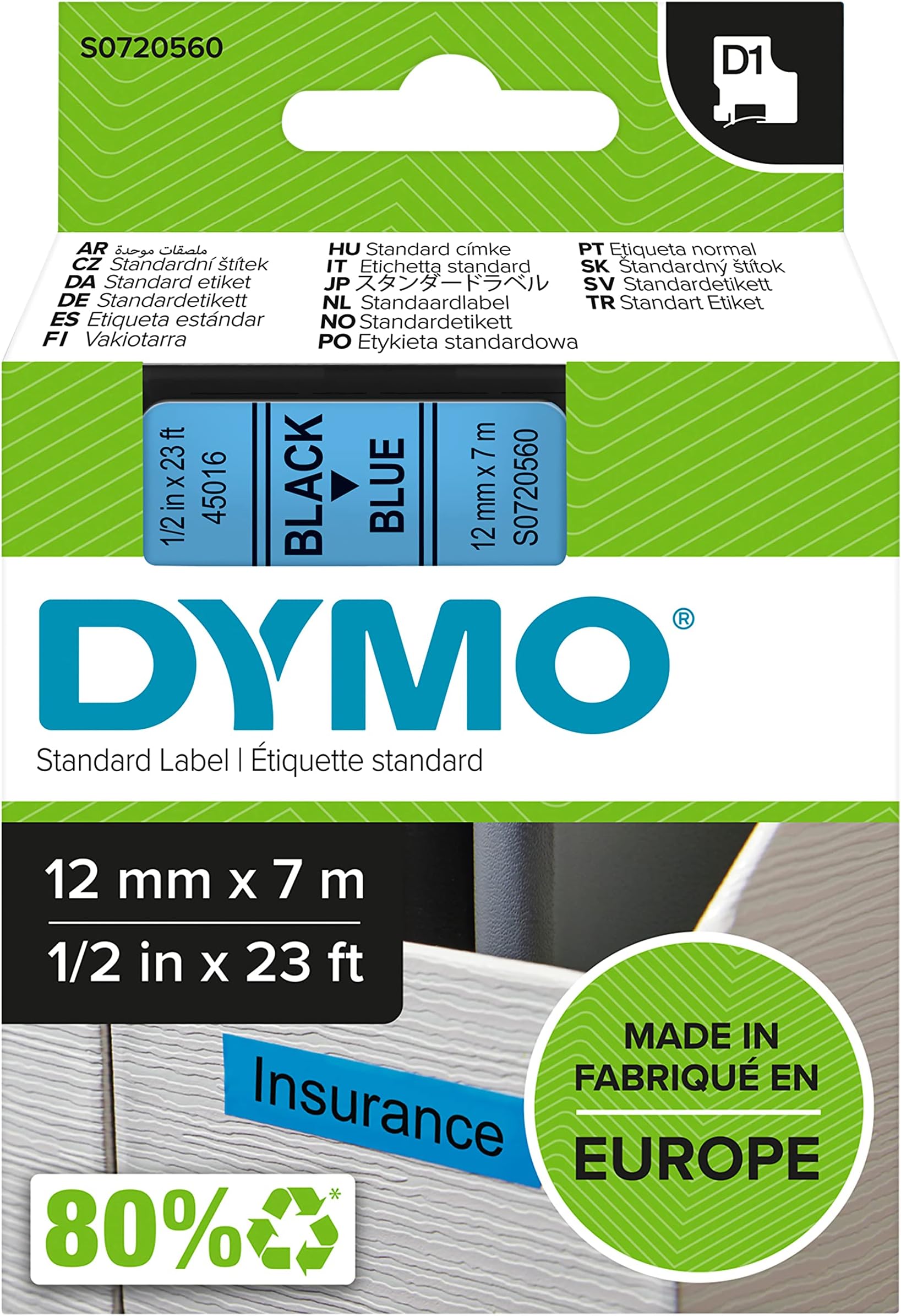 DYMO Authentic D1 Labels, 12mm x 7m Roll, Black Print on Blue Tape, Self-Adhesive Labels for LabelManager and MobileLabeler Label Printers