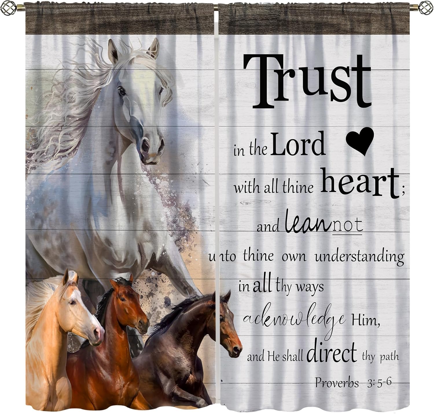 Farmhouse Horse Curtains, Rustic White Barn Door Western Farm Animal Horse Inspiration Quotes Print Window Treatment for Kitchen Living Room Bedroom Office Drapes, 42x45 Inch