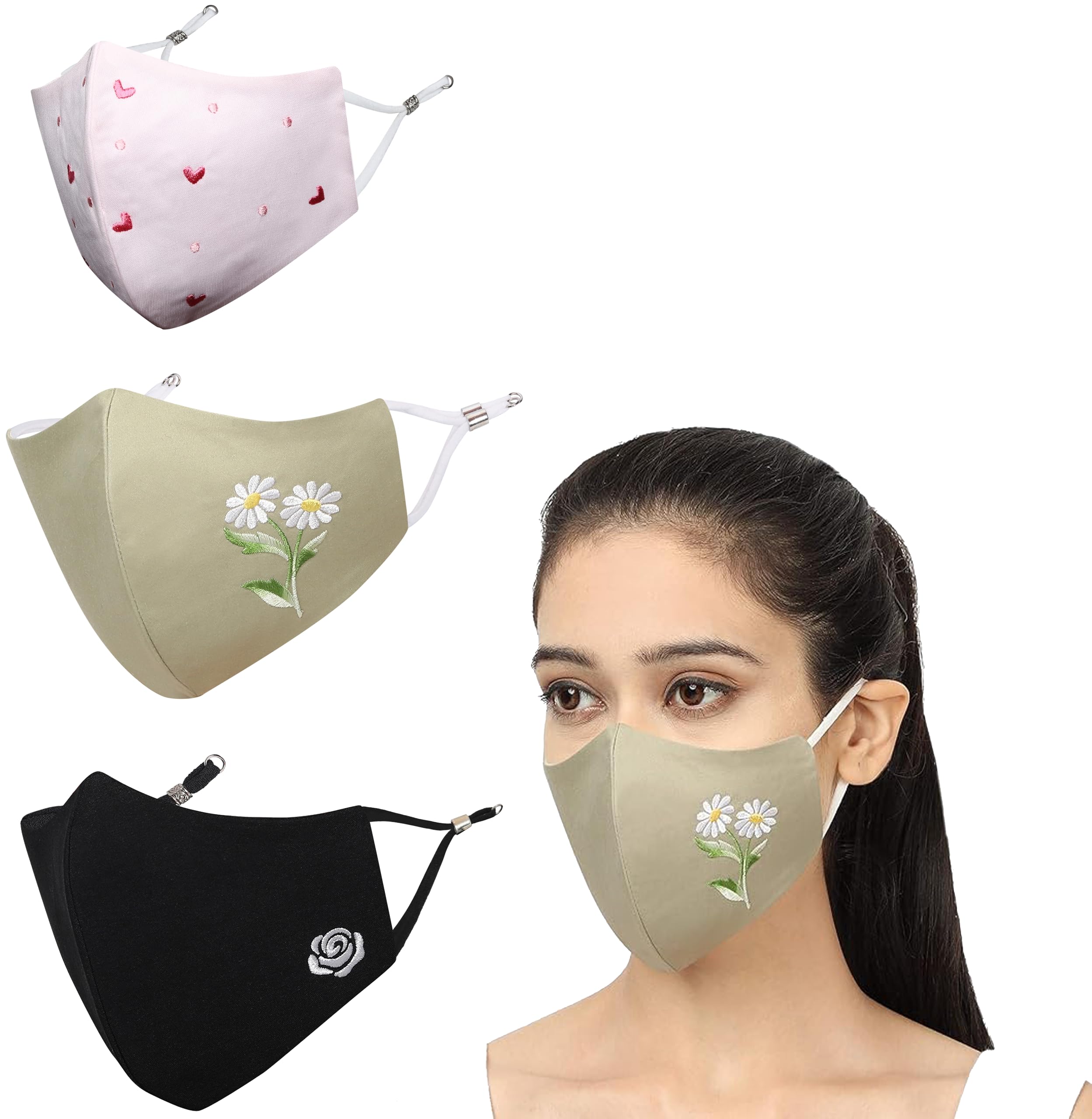 MASQ Heart & Rose 4 Layer, Reusable, Breathable, Anti-Bacterial (BFE>99%) Embroidered 100% Pure Cotton Cloth Face Mask Combo with Ear Adjusters for Women, Girls (Black Pack of 3)
