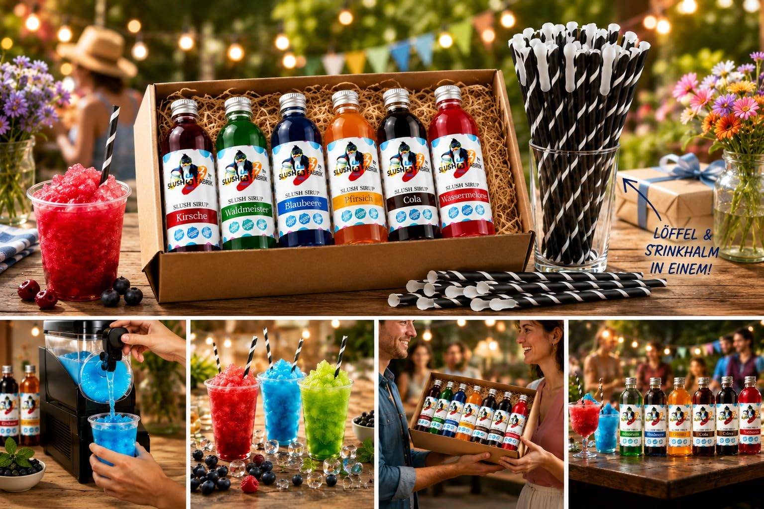 Sirup Partyset 6 x 250ml und 125 Löffelstrohhalme für Slush, Getränke Hergestellt ohne AZO und Glycerin | Slushy selber machen | Slushmaschine Aroma Konzentrat 1:5, Perfekt für Ninja Slushy Maschine