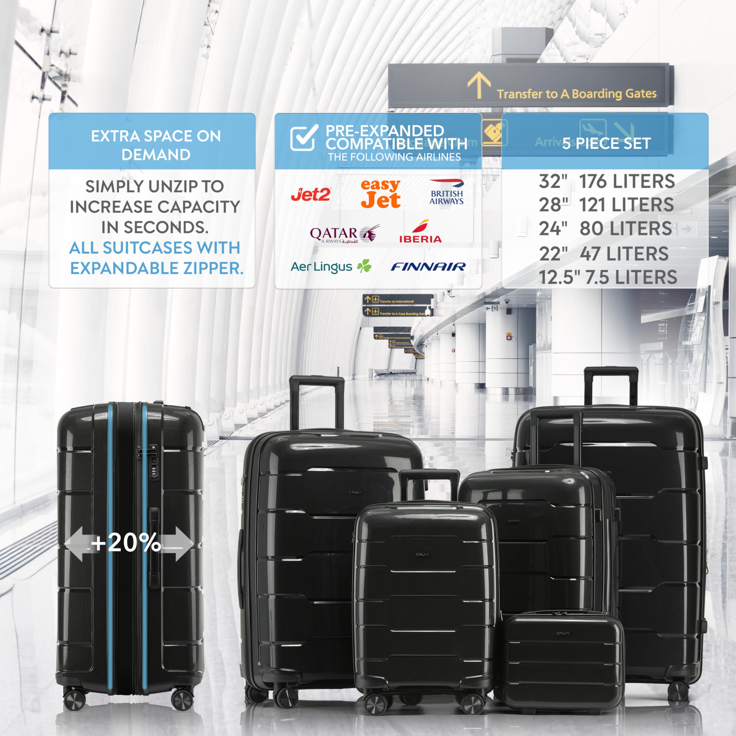 CRUW 2-Piece Luggage Set Expandable Polypropylene Suitcase Set TSA Locks 8 Silent Spinner Wheels Lightweight Nested Suitcases Travel Set easyJet BA Jet2 Airline-Approved Carry-On & Medium Check in