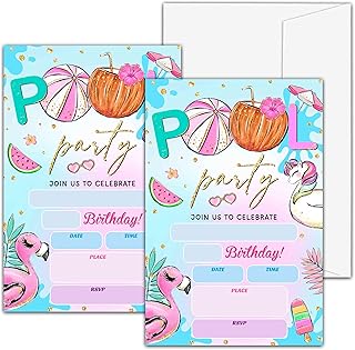Pool Party Birthday Invitations, Swim Pool Birthday Party Invitations, Unicorn Birthday Party Fill In Invitation Cards, Summer Birthday Party Favor Supplies (20 Invites With 20 Envelopes) -A07