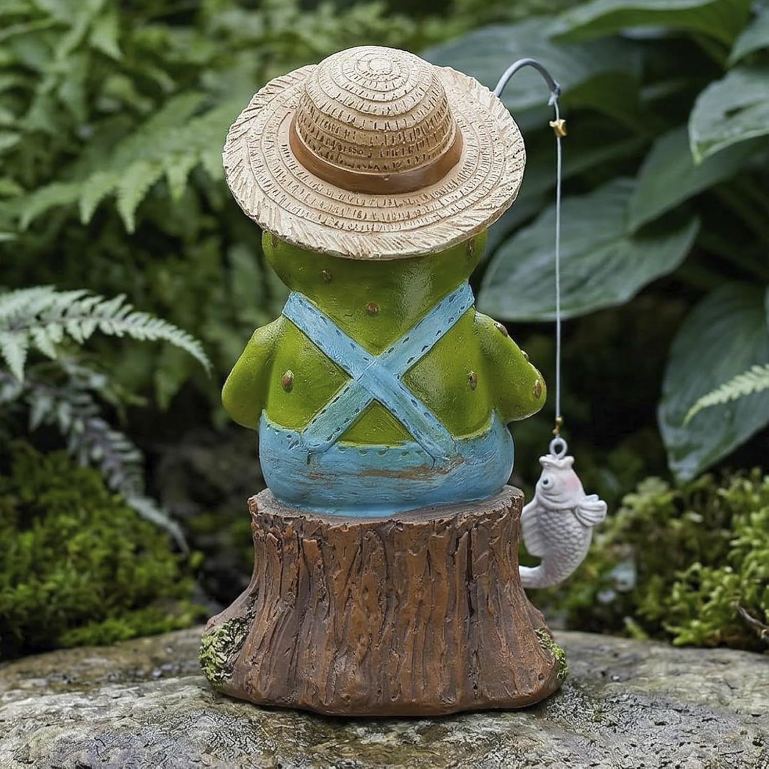 Elenon Fishing Frog Garden Statue, 9" Hat Frog with Pole Decor for Koi Pond Waterfalls, Adorable Flower Bed Outdoor Yard Patio Art Decorative Sculptures Table Ornament