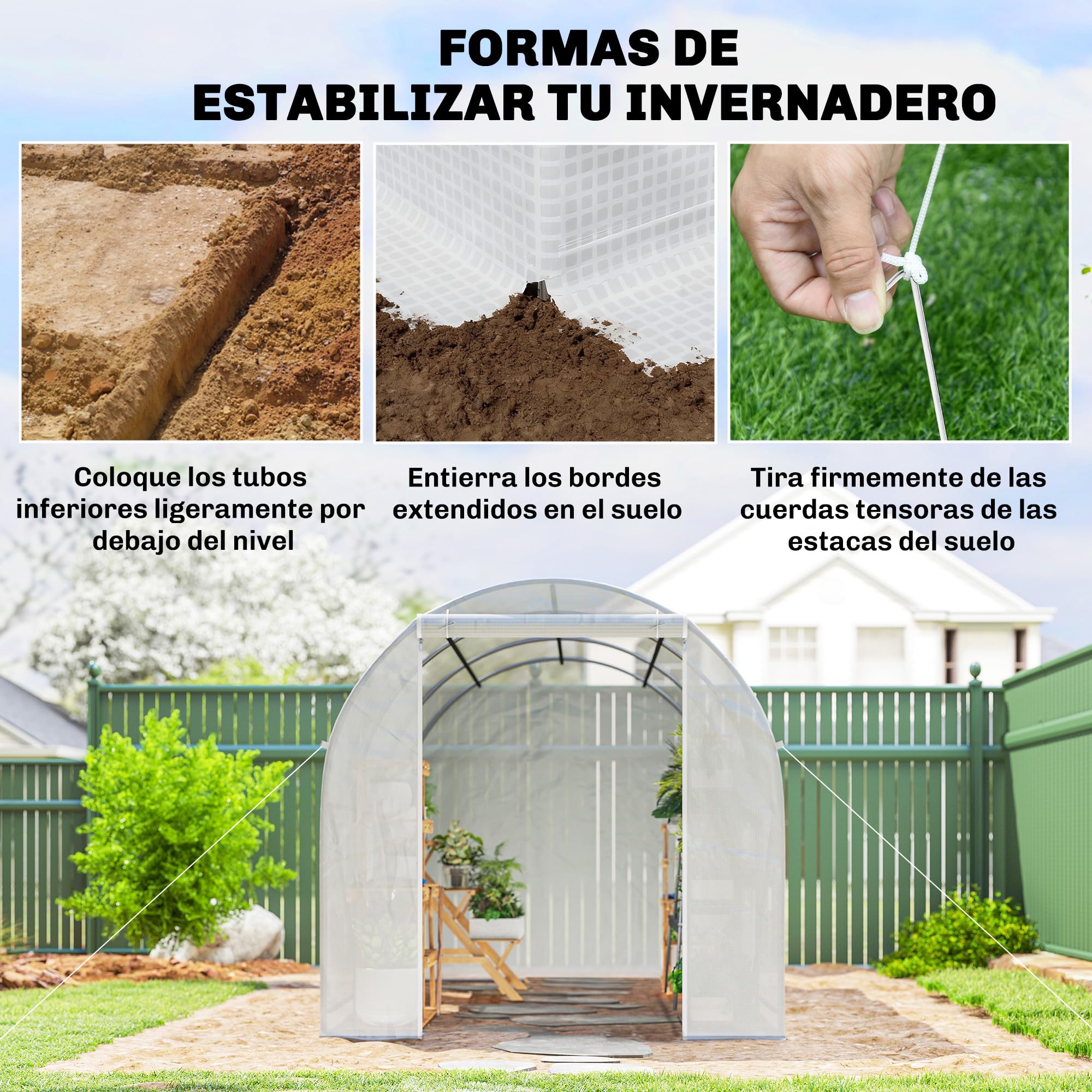 Outsunny Invernadero de Exterior 3,5x2x2 m Invernadero de Túnel con 6 Ventanas de Malla y Puerta Enrollable con Cremallera Invernadero de Huerto Anti-UV para Patio Jardín Blanco