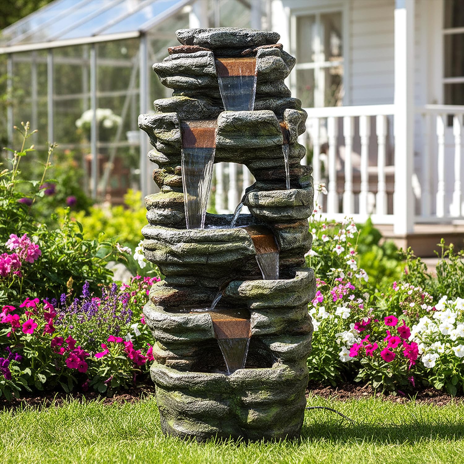 SunJet 47.2" High Multi-Tiers Cascading Rock Outdoor Water Fountain with LED Lights - Large Outdoor Fountains and Waterfalls for Garden or Patio, Yard, and Deck Decor, Featuring Natural Stone Look