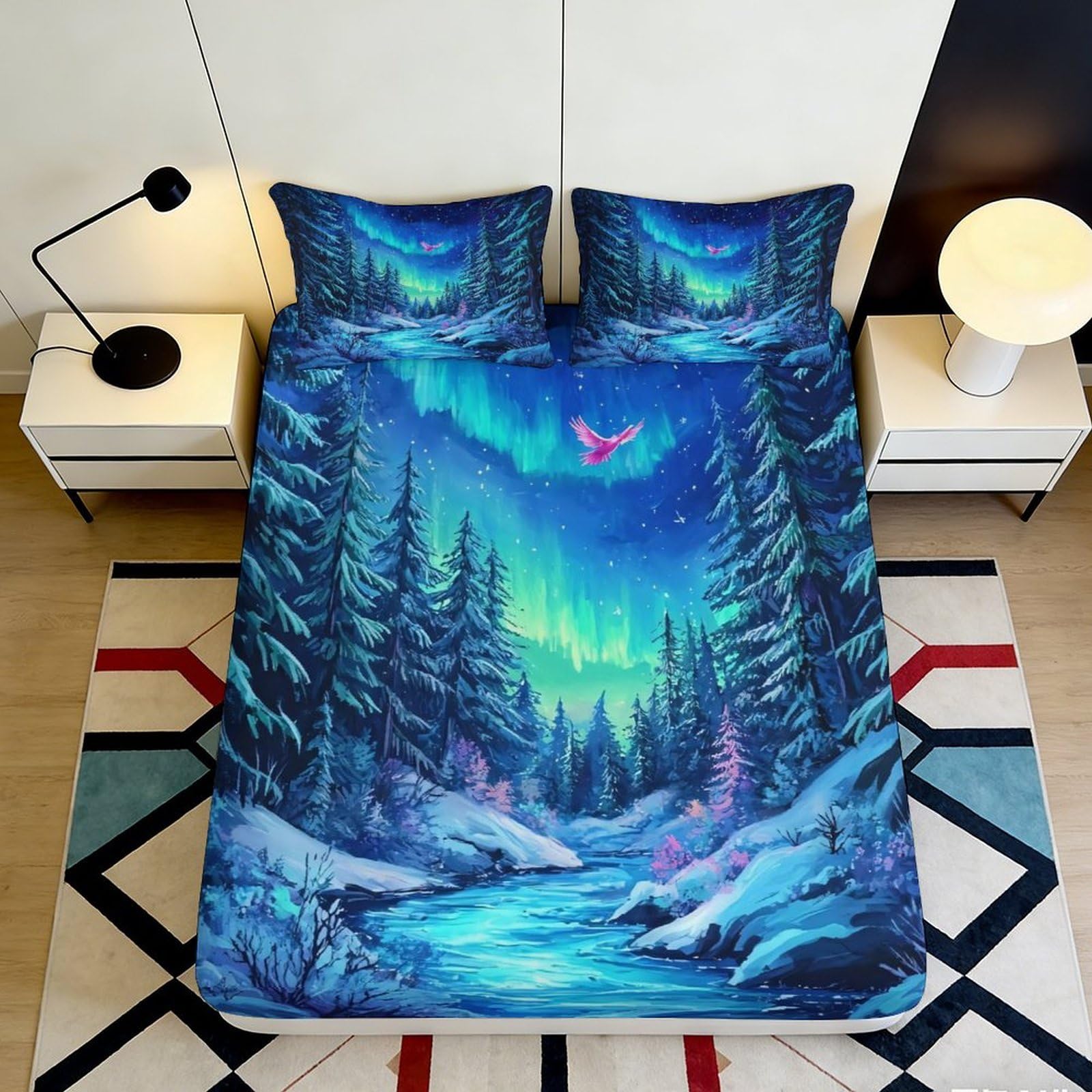 3D Printed Aurora Forest Fitted Sheet Microfiber Deep Pocket Non-Slip Bedroom Bedding Aurora Forest Mattress Fitted Cover for Home 120x200x25cm