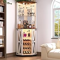 Oransail 68.9" Tall Farmhouse Corner Wine Bar Cabinet with LED Lights, Mirror, Adjustable Shelves & Glass Rack