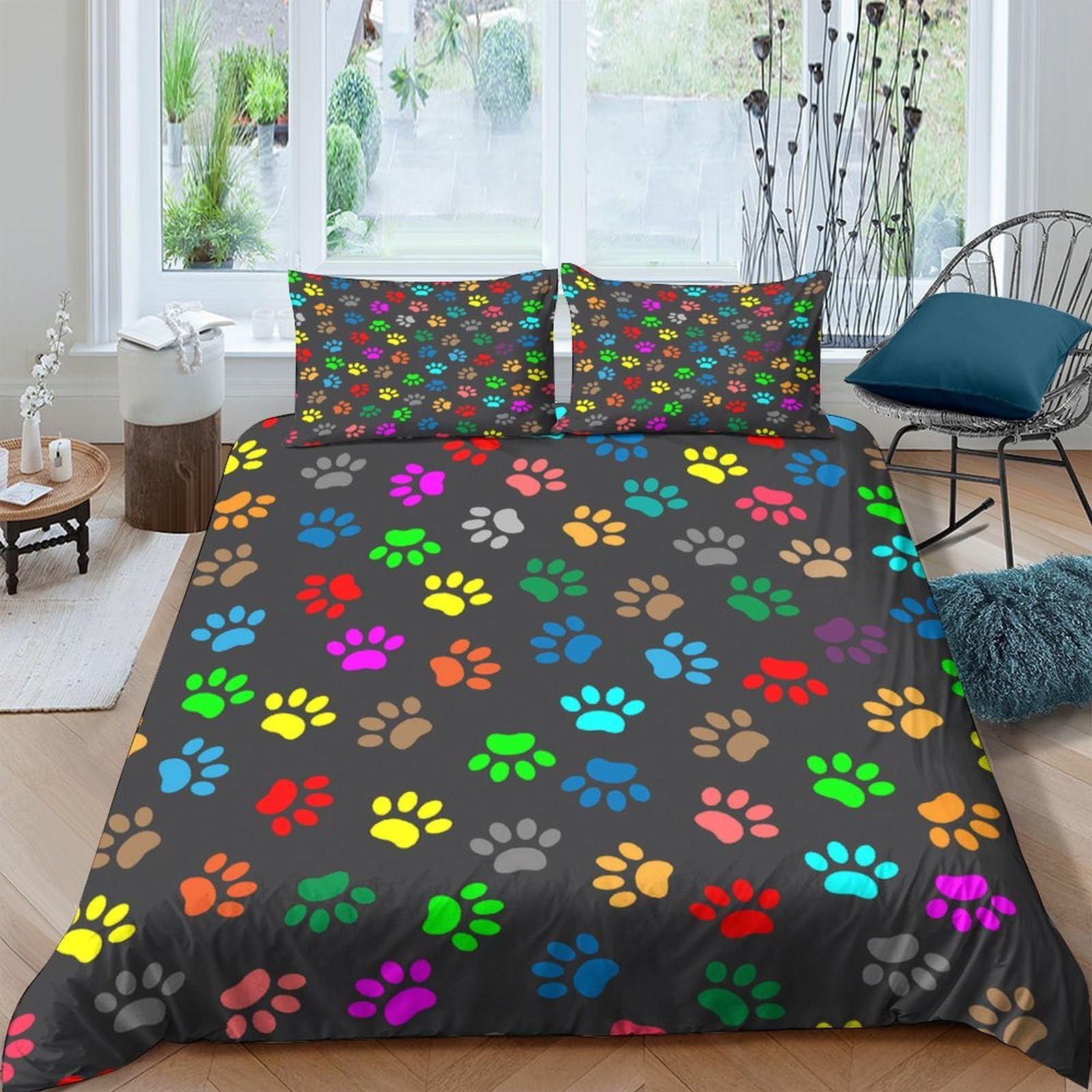 GPLZQXKJNH 3D Printed Colorful Paw Duvet Cover Microfiber Soft Breathable Rainbow Animal Bedding Set with 2 Pillowcases for Bedroom Decor Single（135x200cm）