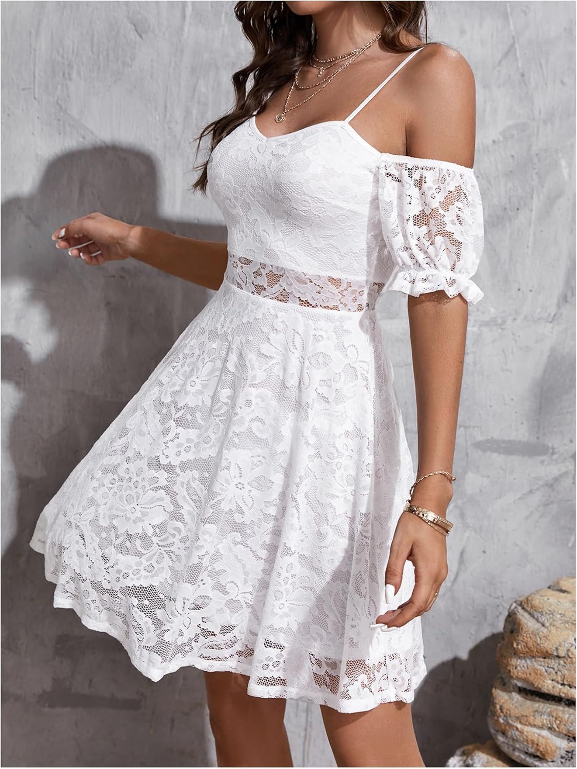 Floerns Women's Summer Dress Floral Mesh Cold Shoulder Puff Sleeve Wedding Guest Dresses - Image 4