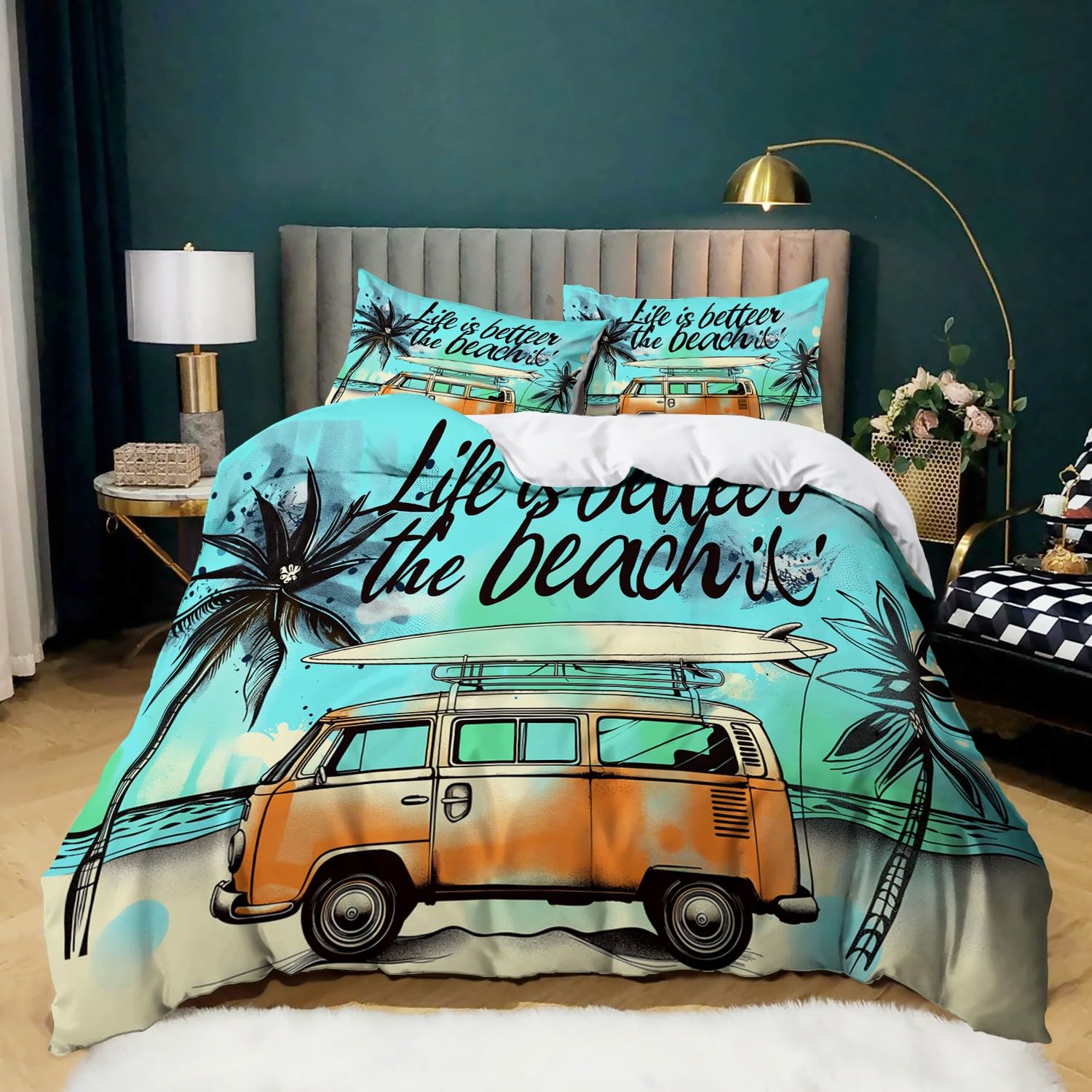 Housse de Couette 200 x 200 cm - Parure de Lit 2 Personnes Van de Plage Cocotiers, Ultra Douce et Respirante, Linge de Lit Coloré avec Fermeture Éclair, Inclut 2 Taies d'oreiller 65 x 65 cm