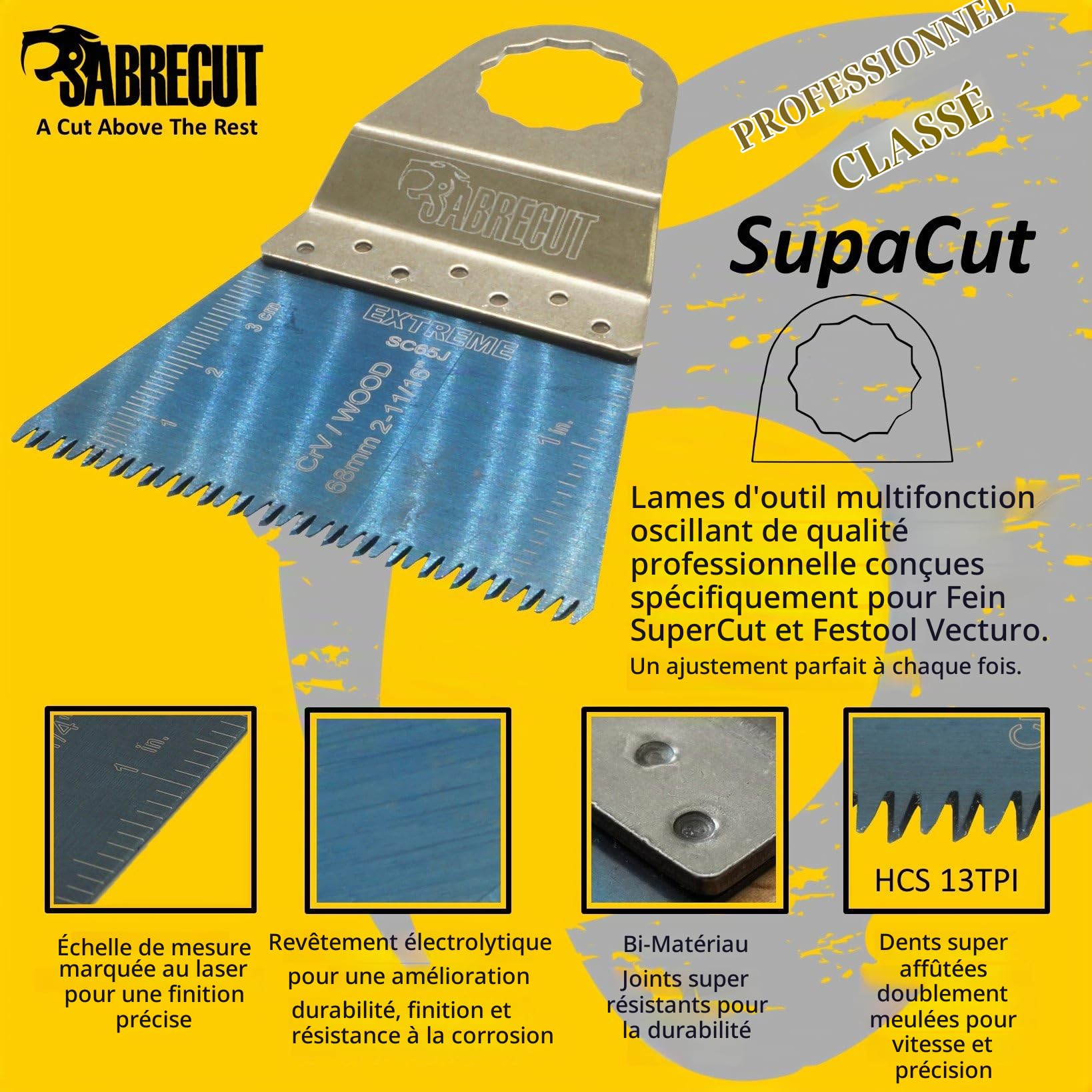 SabreCut 10pcs SC65J_10 65mm Lames multitool Durable | Compatible avec Fein SuperCut & Festool Vecturo, lames gros grain pour coupes rapides