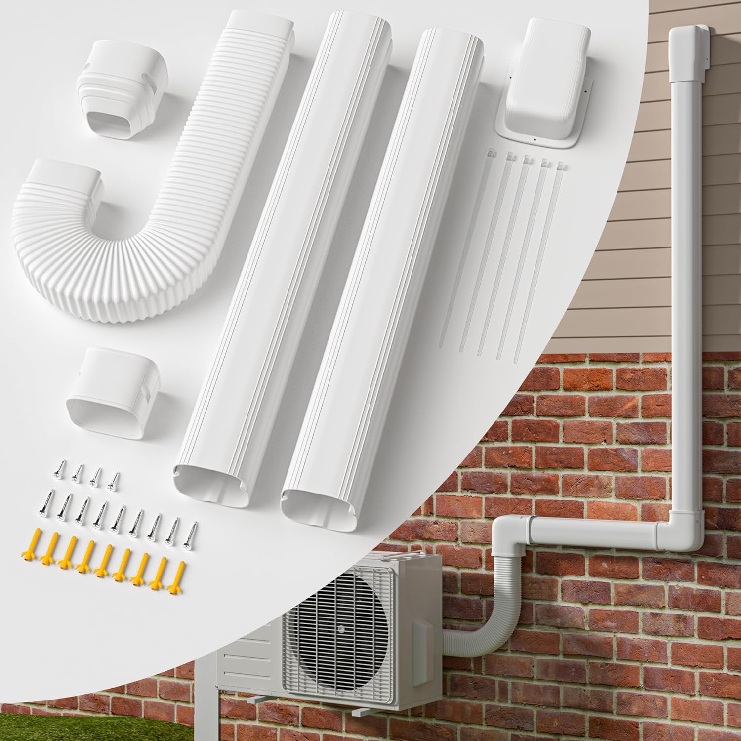4'' 9.5Ft Mini Split Line Set Cover with Flexible Pipe, for Central AC and Heat Pump Systems Tubing Cover, Upgrade PP Heat-resistant, Paintable Decorative Line Set Cover Kit Parts Accessories