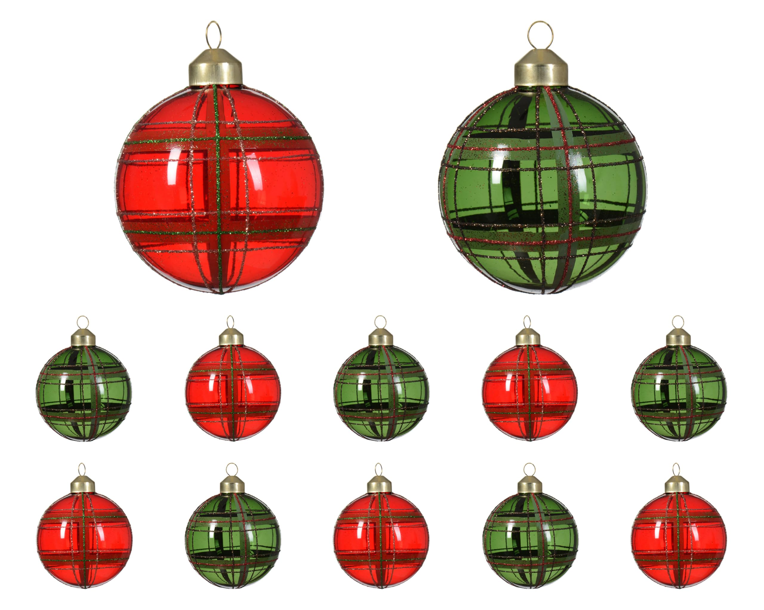 Bolas de Navidad de cristal, 8 cm x 12 unidades, con diseño de cuadros, color rojo, verde oscuro y dorado