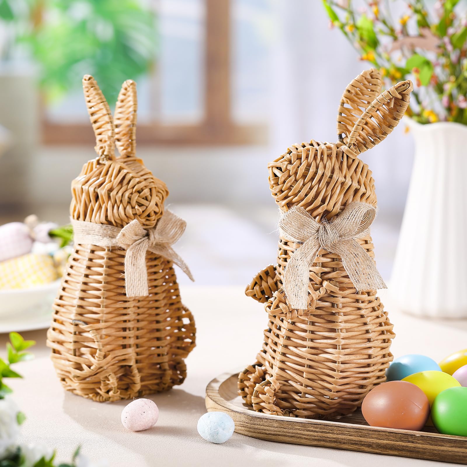 Wesiti 2 Pack Rattan Bunny Decoration, Easter Natural Rattan Sedentary & Stand Rabbit Statue Figurine for Home Spring Farmhouse Easter Table Decoration