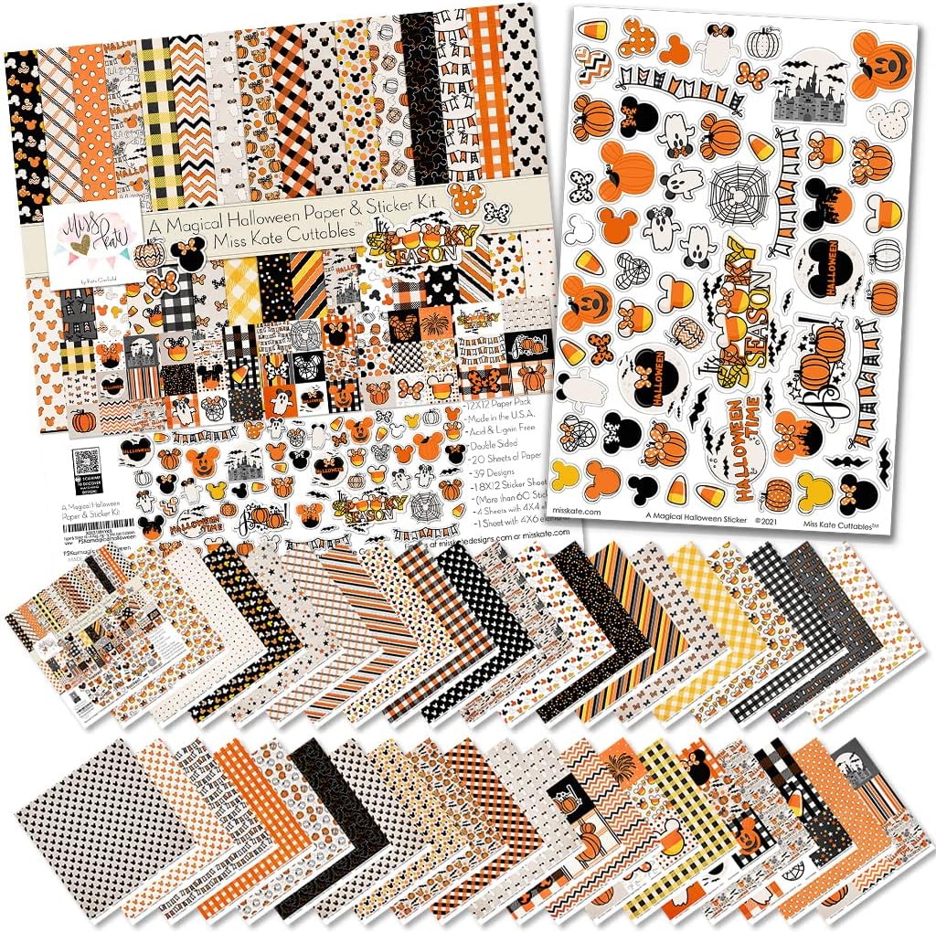 Paper & Sticker Kit - A Magical Halloween - for Disney - 20 Double-Sided 12x12 Papers with 39 Designs & 1 8X12 Sticker Sheet - Scrapbooking Card Making Crafting - by Miss Kate Cuttables