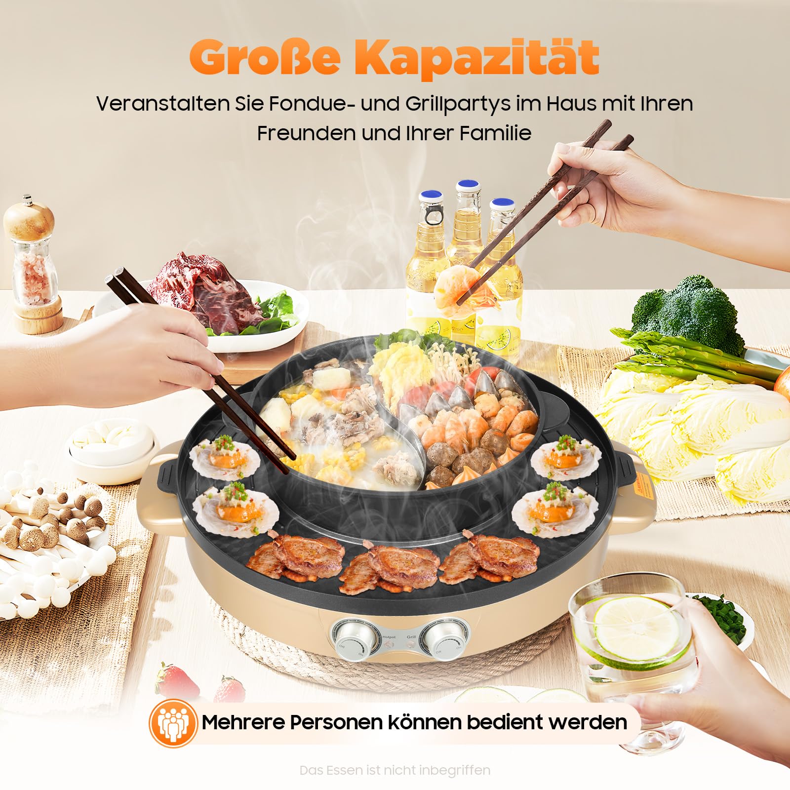 Hot Pot con grill elettrico Hotpot con vassoio raccogli grassi, dimensioni totali del prodotto 52 x 18,5 cm, per cottura bistecche, frutti di mare, carne, verdure, crostacei, pasta