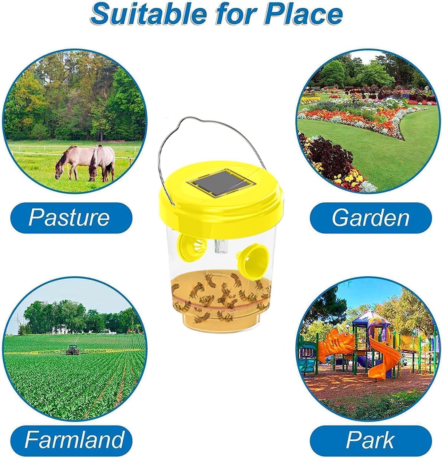 Wasp Traps Outdoor Hanging, Solar Bees, Hornets, Yellow Jacket Traps, Wasp Trap Catcher, Reusable Solar Powered Hanging for Outdoor, 4 Packs