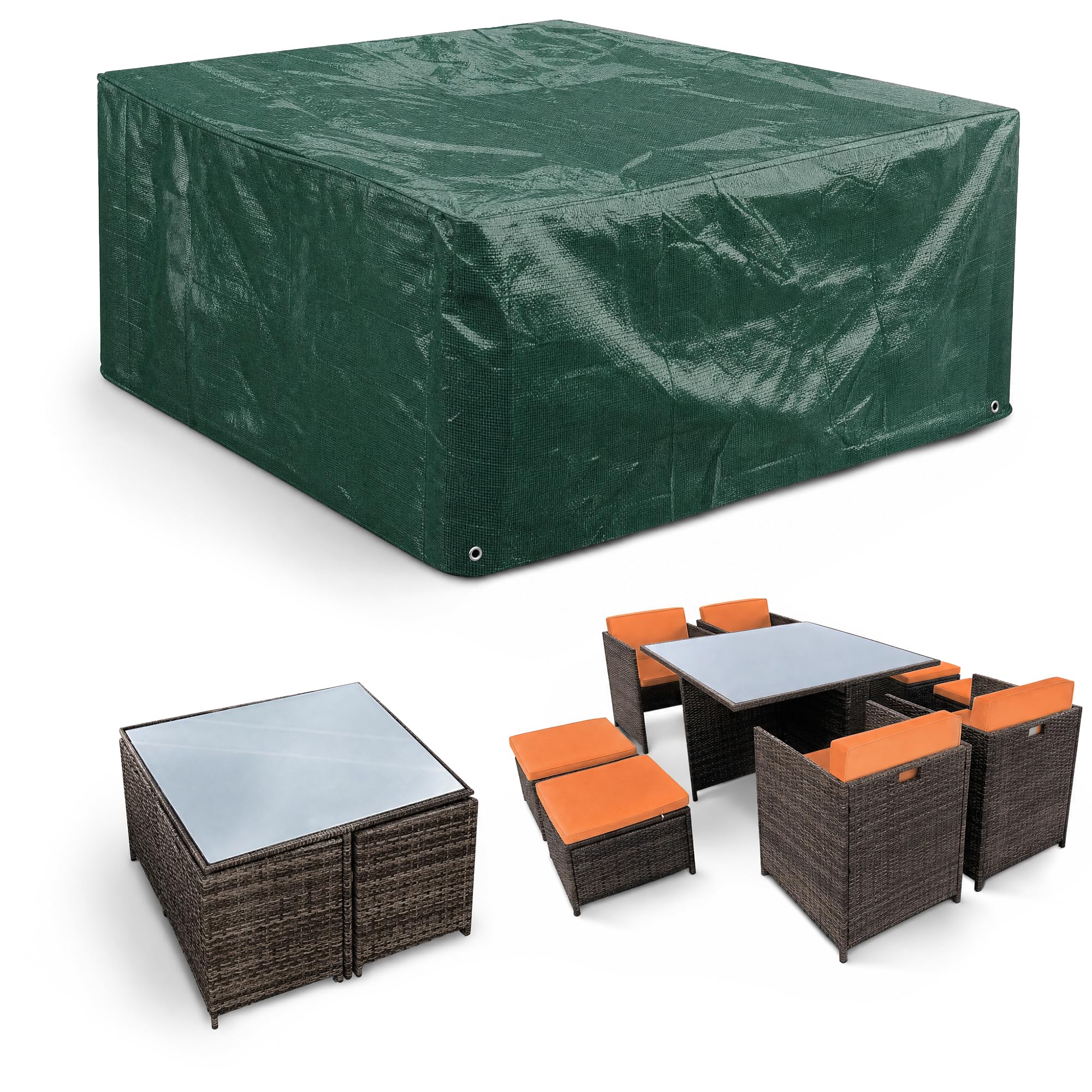 KEPLIN Garden Chair Cover Waterproof – Heavy Duty Outdoor Patio Furniture Protector | All Weather UV & Wind Protection | Brass Eyelets & Tie Cords | Green Polyethylene | 125 x 125 x 71cm