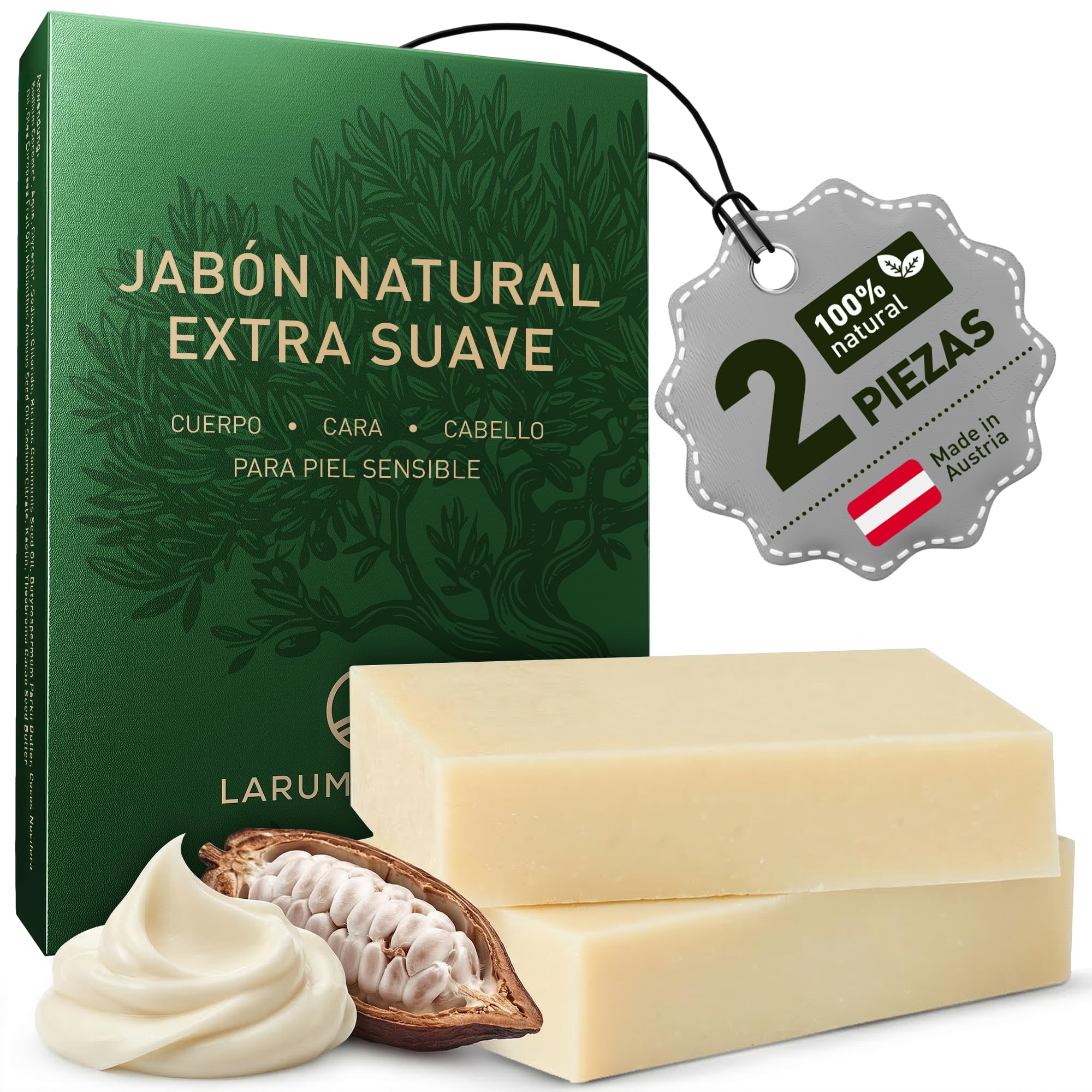 larum sports Jabon Natural Cuerpo y Cabello PURO – Jabones Naturales Artesanales – Jabones para Regalar – Pastilla Jabon Ducha 100% Vegetal Sin Perfume – 2x85g Jabón Natural Cuerpo Vegano Compact by Design (certificación desarrollada por Amazon)
