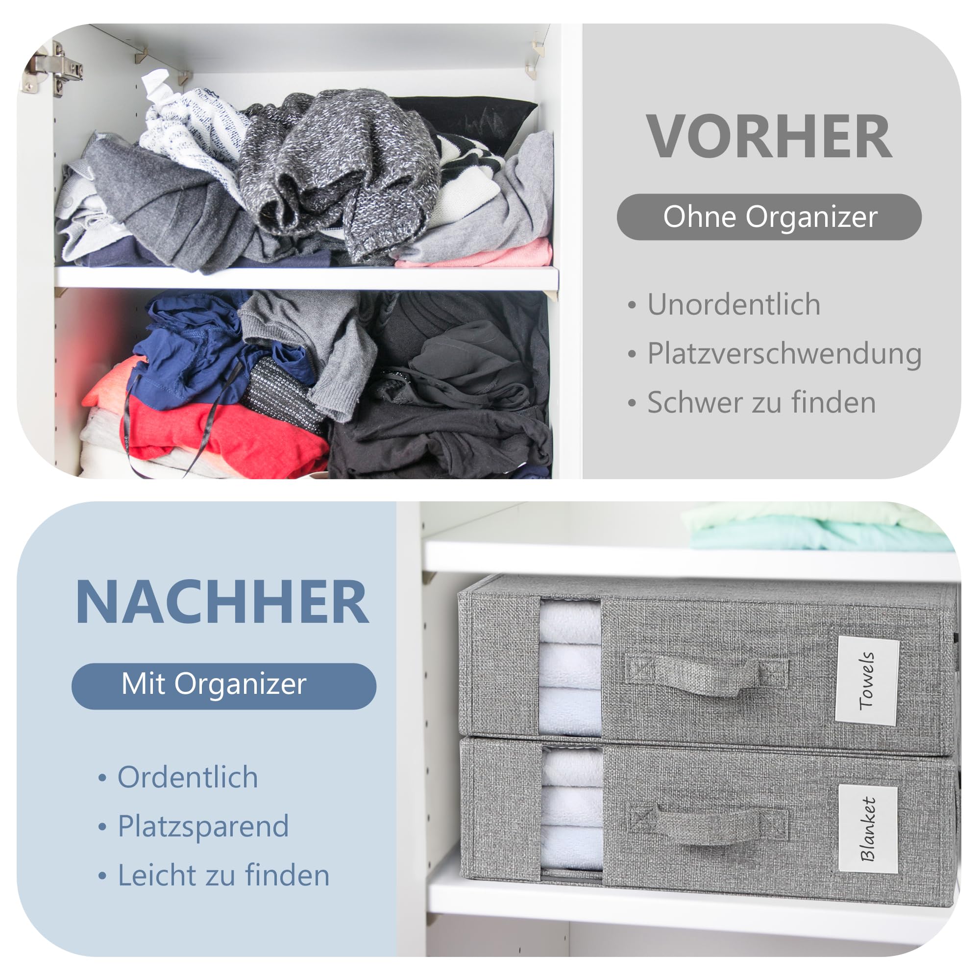 Aufbewahrungstasche für Bettlaken, 4 Stück Faltbare Bettwäsche Organizer, Praktische Lagerung von Bettwäsche und Decken für King & Queen Size Betten, Grau