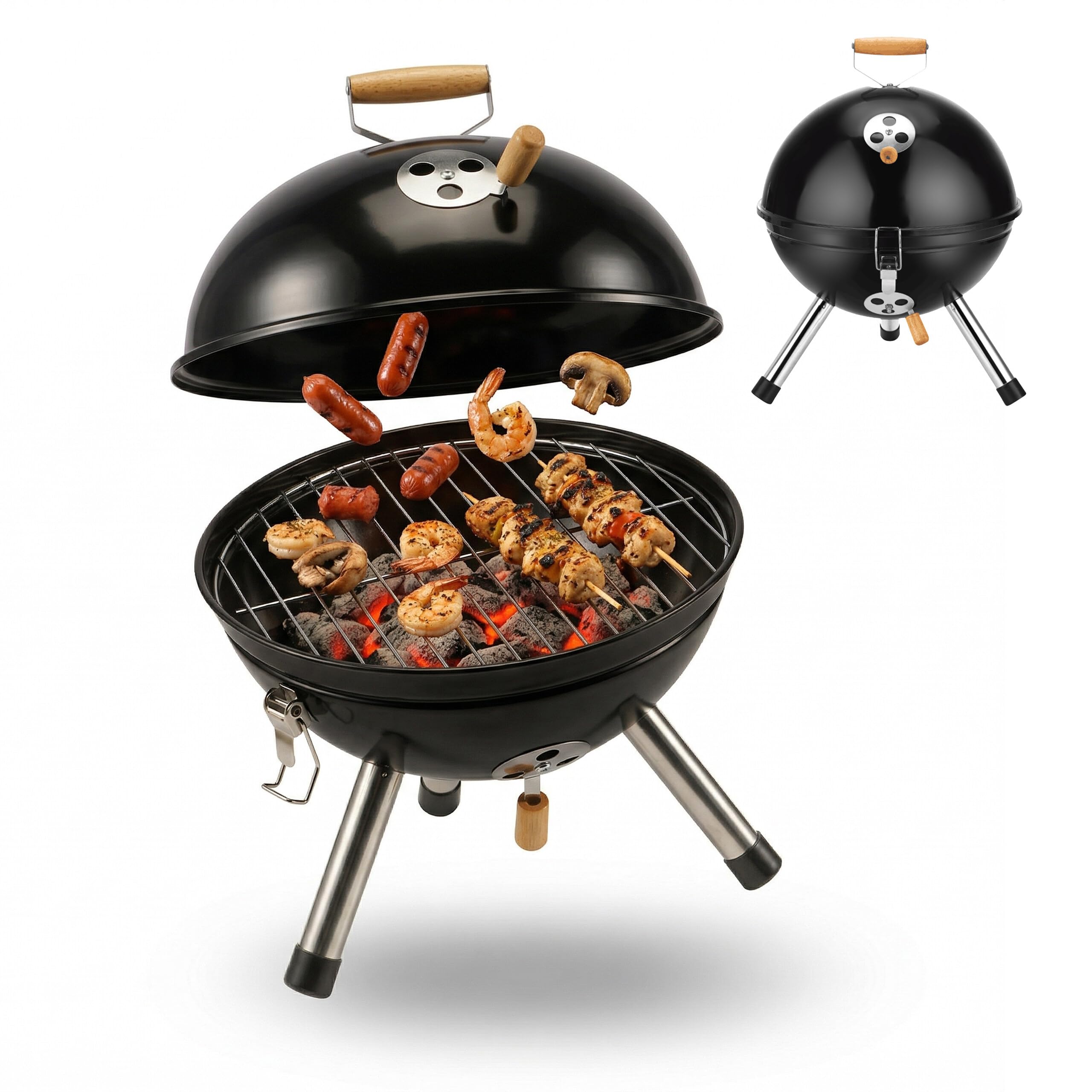 Relaxdays Mini Kugelgrill, tragbar, Ø 30 cm, Picknickgrill für Balkon & Camping, Holzkohlegrill mit Holzgriff, schwarz