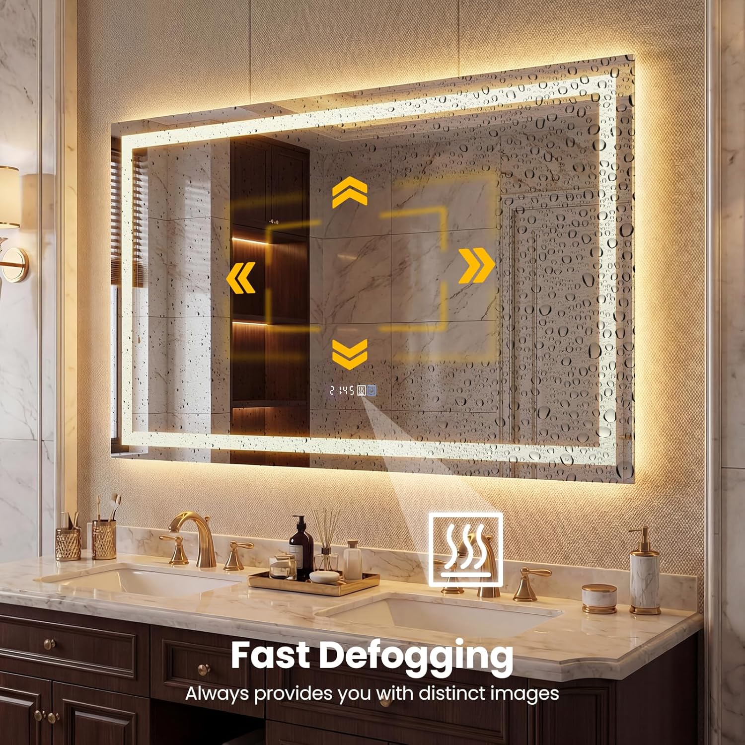 Bathroom mirror with an anti-fog function activated, showing clear reflection despite a steamy environment.