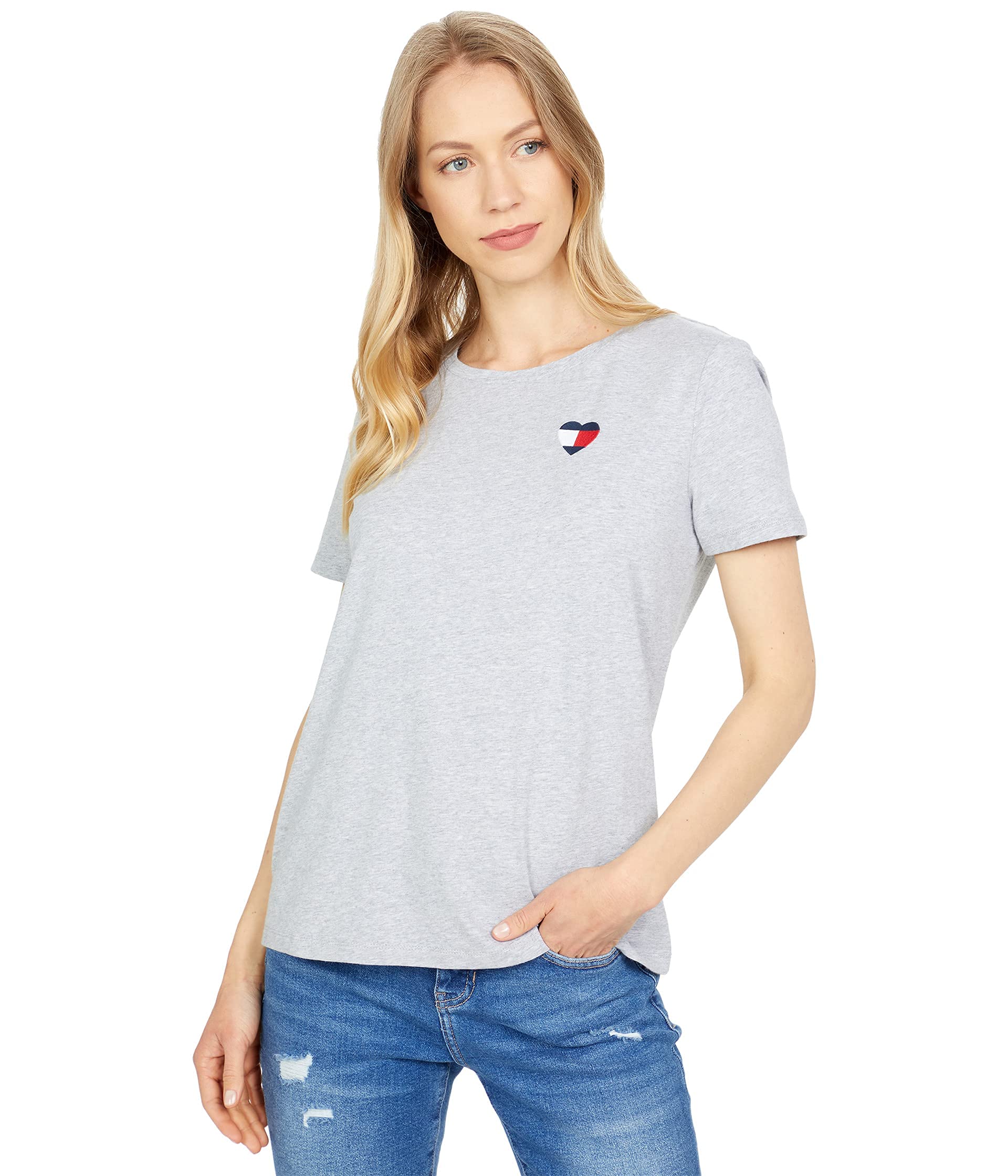 Tommy Hilfiger Women's Crew Neck Logo Tee, Stone Grey Heather Heart, XS