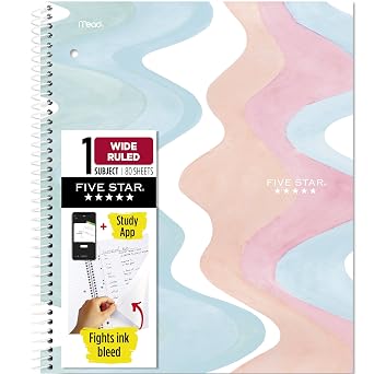 Five Star Spiral Notebook + Study App, 1 Subject, Wide Ruled, 8" x 10-1/2", 80 Sheets, Fights Ink Bleed, Water Resistant Cover, Pastel Waves 930060F