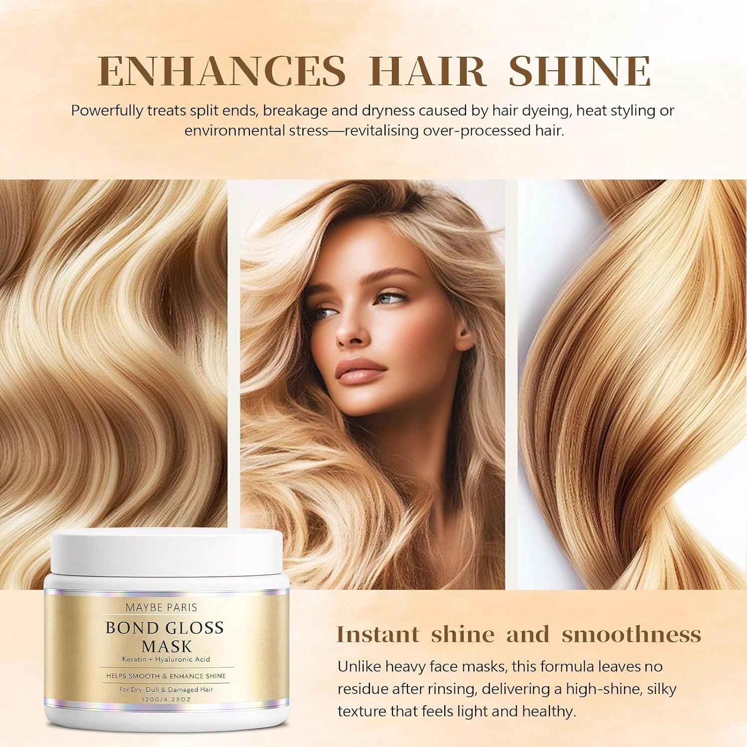 2PCS Maybe Paris Bond Gloss Mask – Hydrolyzed Keratin & Hyaluronic Acid for Stronger, Smoother, Shinier Hair – Bond Gloss Mask Hydrating Nourishing & Deep Repairing for Dry, Dull, Damaged Brittle Hair