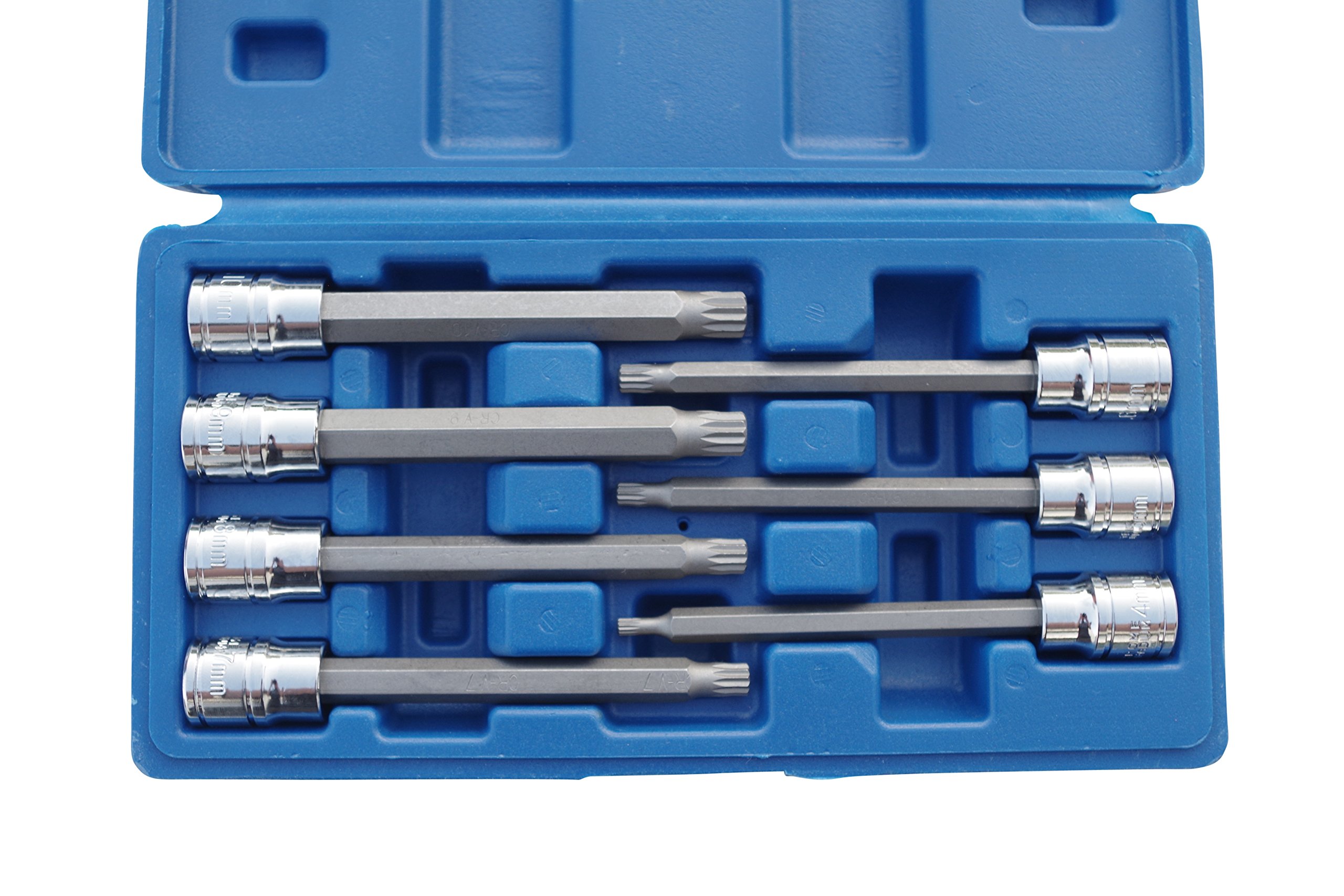 3/8"" Drive Extra Long Male Spline Bit Triple Square Sockets M4 - M10 7pc Set Box
