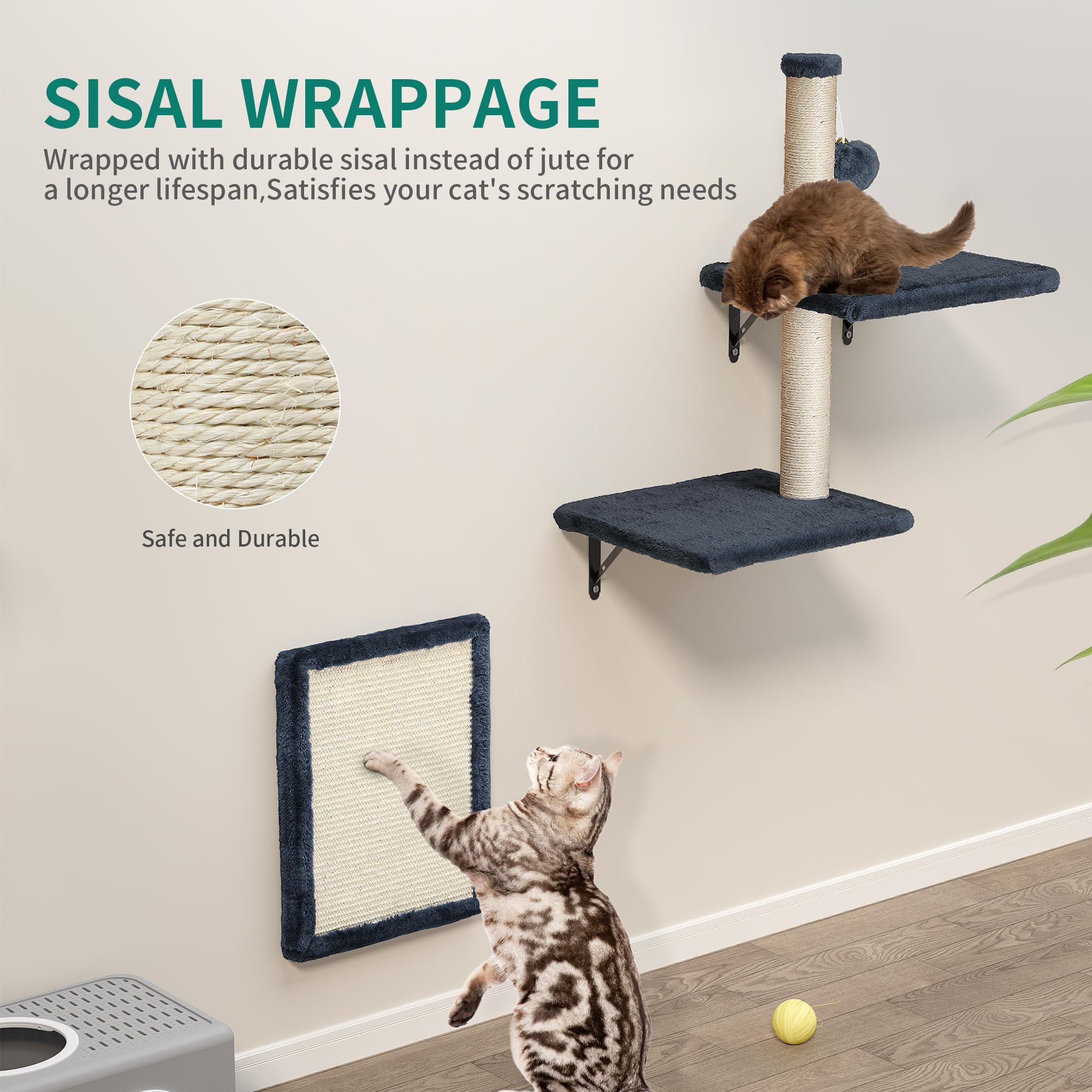 YITAHOME 8PCS Estante de Escalada para Gatos Montado en La Pared, Muebles de Pared de Madera para Gatos Árbol para Gatos con Postes Rascadores/Casa/Puente/Escaleras/Bola Colgante, Gris Oscuro
