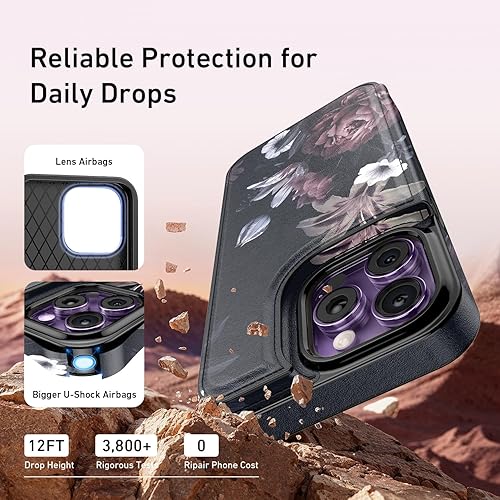 Miniatura 5 de LETO Funda para iPhone 15 Pro con tapa tipo folio de cuero, diseños de flores de moda, ranuras para tarjetas, función atril, funda protectora para