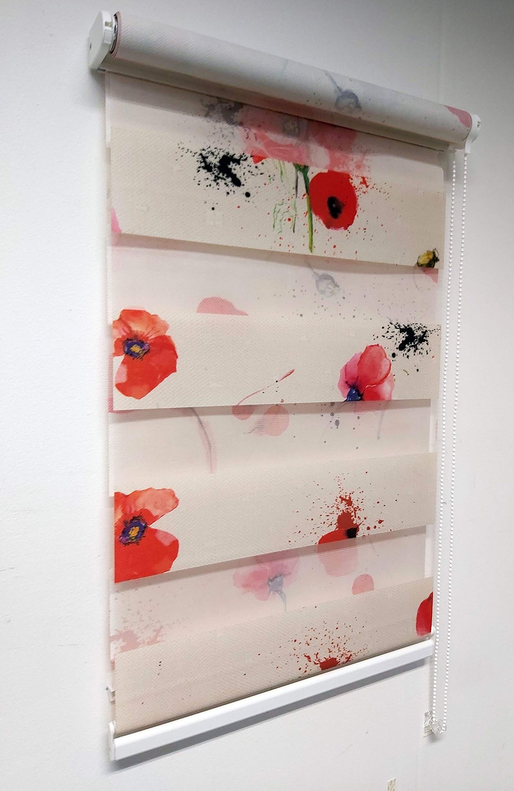 Day and Night Zebra Window Roller Blind With Poppy Print, 19 Width Sizes, Large 200cm Drop (45cm Wide)