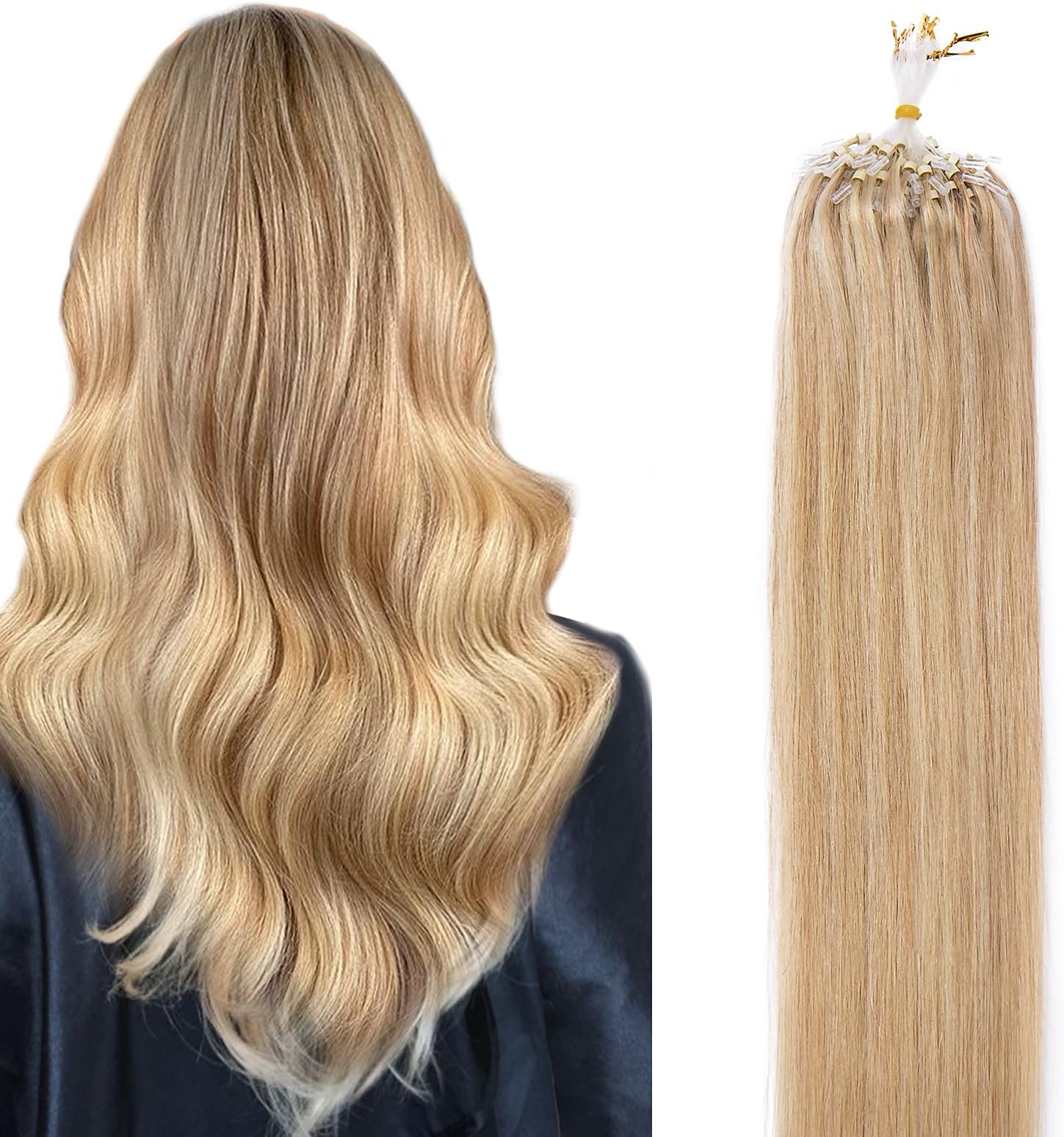 16"-22" Micro Loop Human Hair Extensions 100% Remy Real Hair Micro Ring Beads Straight 100 Strands 50g (22", 18/613 Ash Blonde/Bleach Blonde)