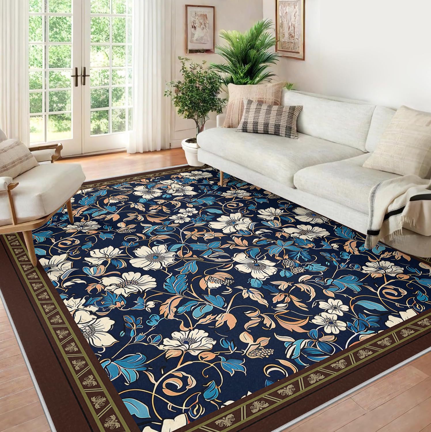 Tapis de fleurs sauvages éclatantes 80x150 pour salon bleu vintage