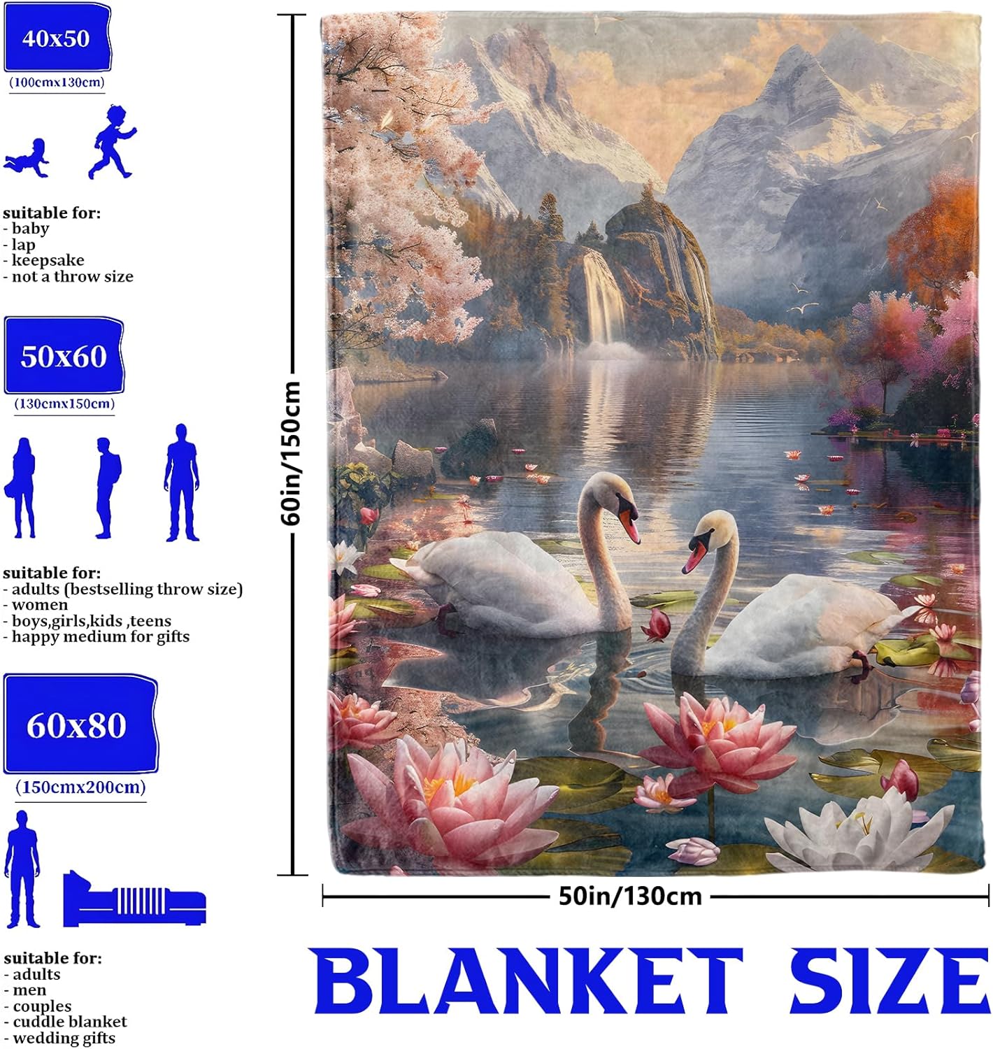 Romantic Swan Lake Throw Blanket – Mountain and Floral Scenery, Cozy Warm Flannel Blankets, All Season Use, Girls Women Gifts, 50x60in, Sofa Office Dorm Travel RV Farmhouse Decoration - Image 3