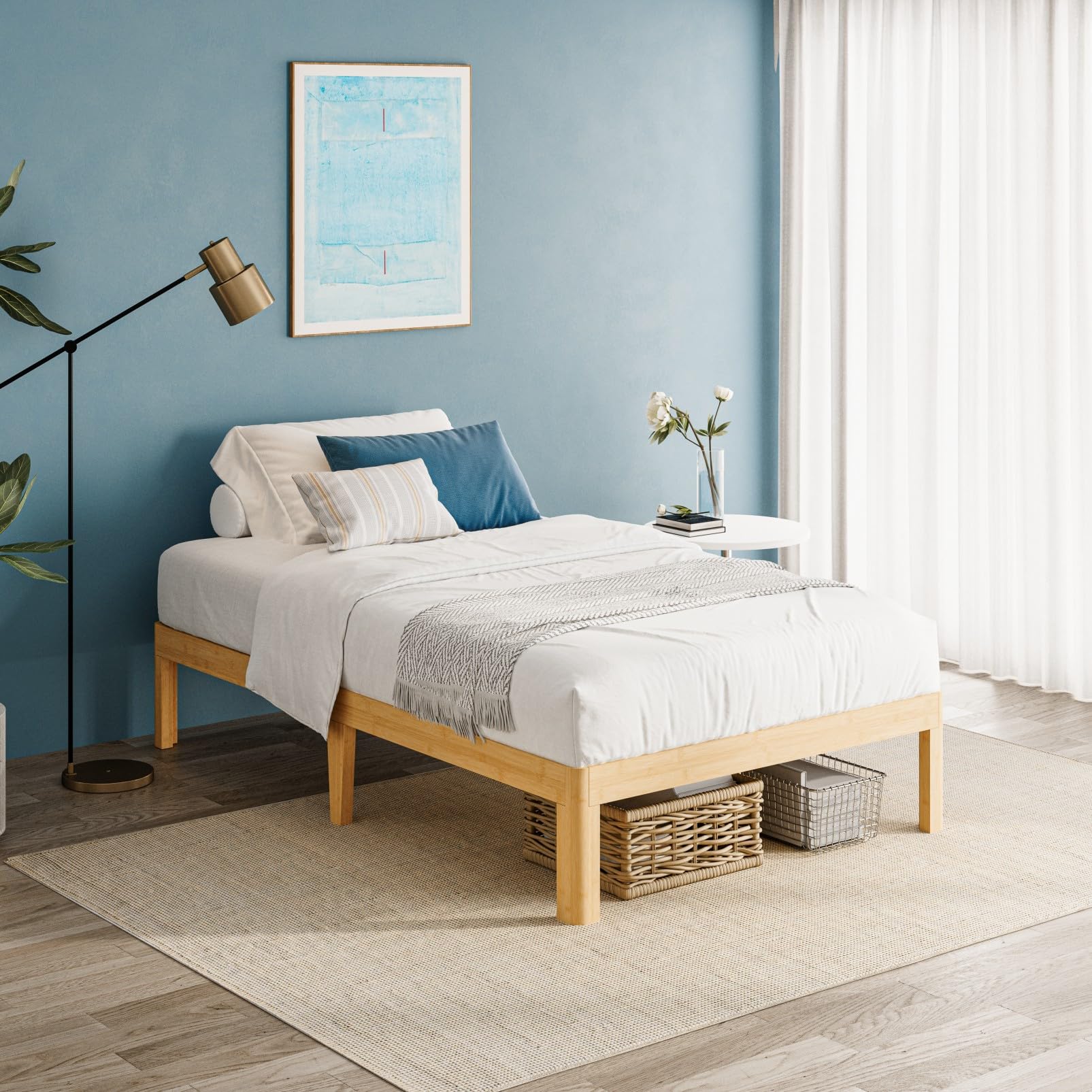 LAKKURI 14 Inch High Bamboo Wood Twin Bed Frame Platform, Metal Slat Support Bed Frame Twin, Reinforced, No Box Spring Needed, Easy Assembly, Noise Free
