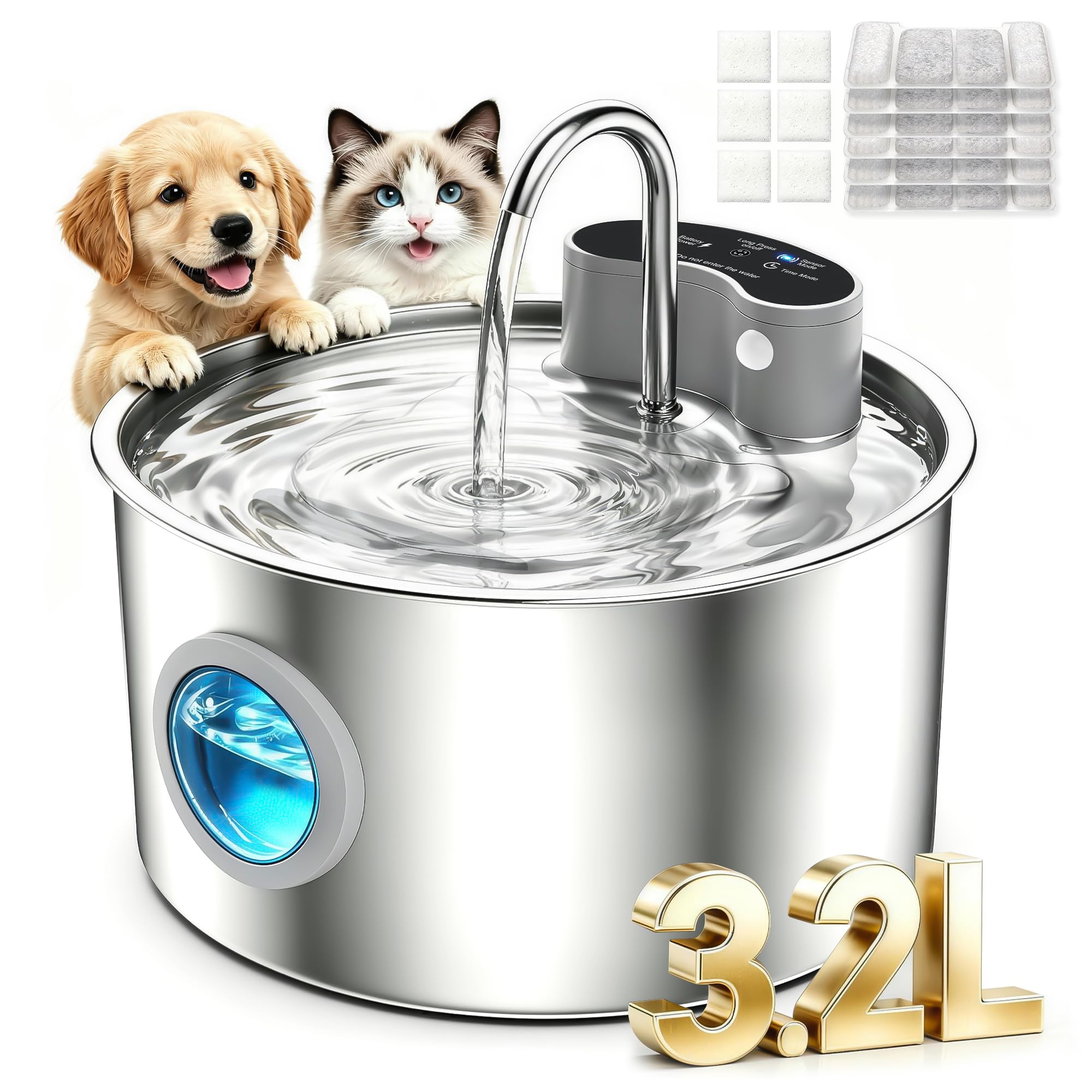 Fuente para Gatos Acero Inoxidable, 3.2L Bebedero Gatos Inalámbrico