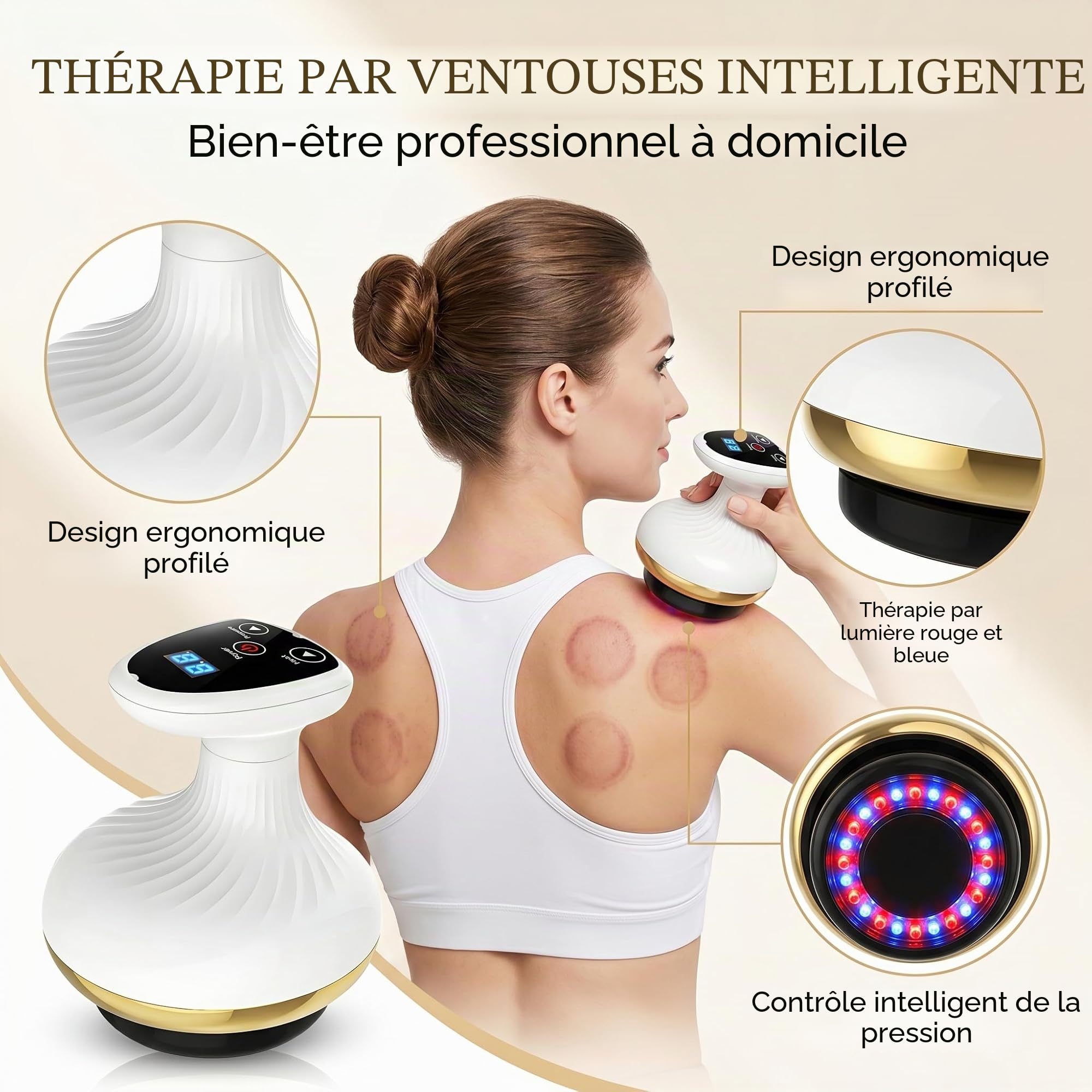 Masseur de cellulite 4 en 1, appareil de massage sous vide avec 9 niveaux de thérapie thermique et LED rouge-bleu, appareil anti-cellulite pour raffermissement du corps, drainage lymphatique