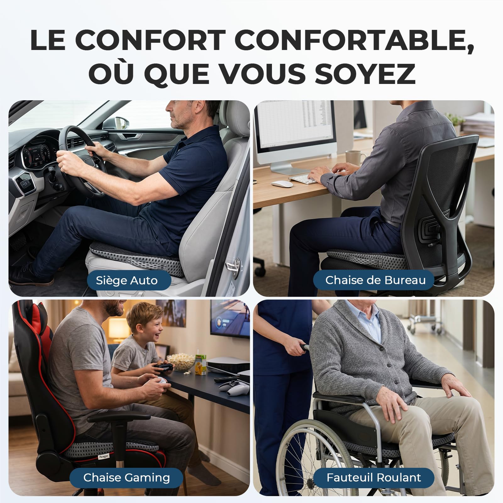 Feagar Coussin De Siège Auto en Coin Mémoire De Forme [Mesh 3D] | Réhausseur Ergonomique Pour Conducteur, Camion & Bureau, Coussin Compensé Antidérapant, Housse 3D Respirant, Posture