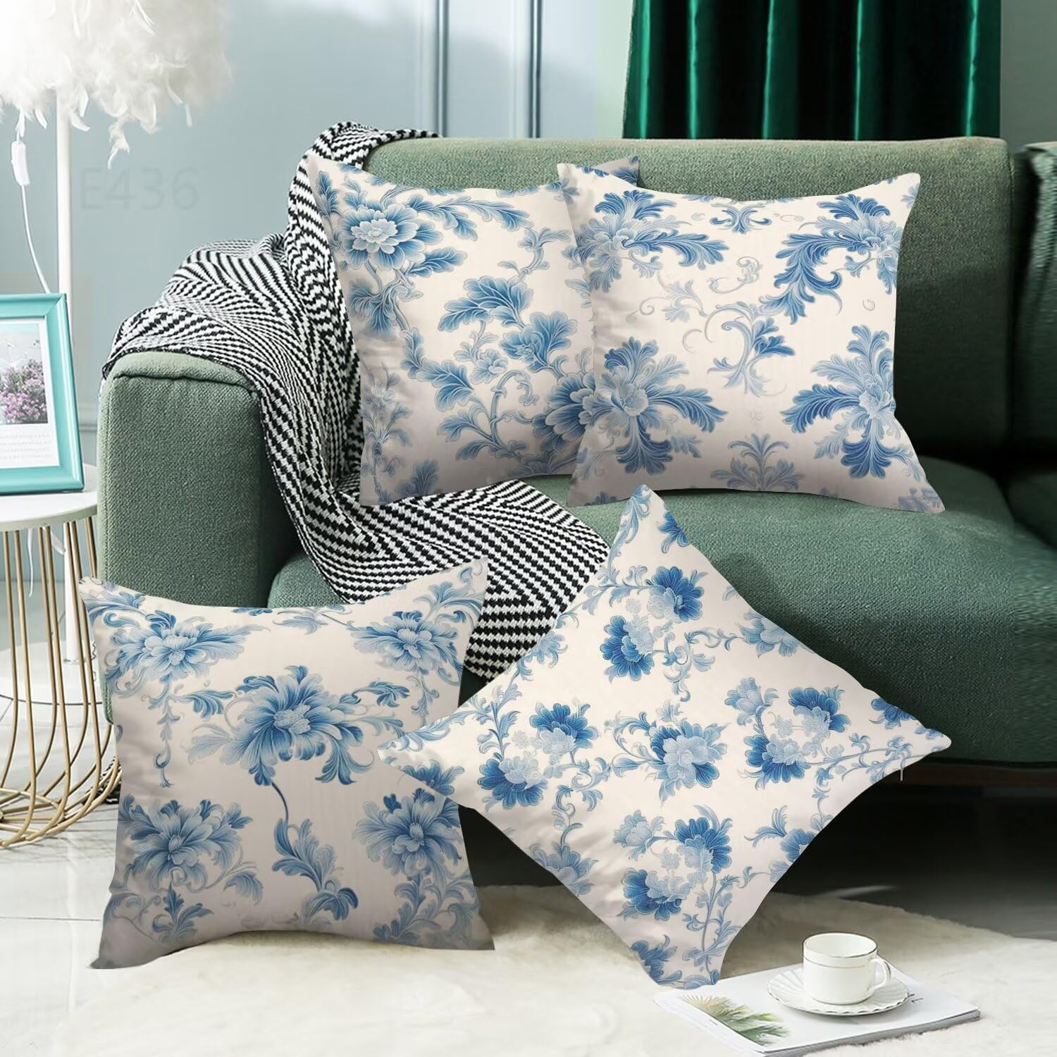 Azzurro Federe Cuscini Divano 55x55cm,4 Pack Pianta Estate Esterno Cuscini per Divano,Doppio Lato Quadrato Morbido Cuscini Divano,per Divano Soggiorno Sedia Autunno Dekoration Cuscino,Regali LY-436