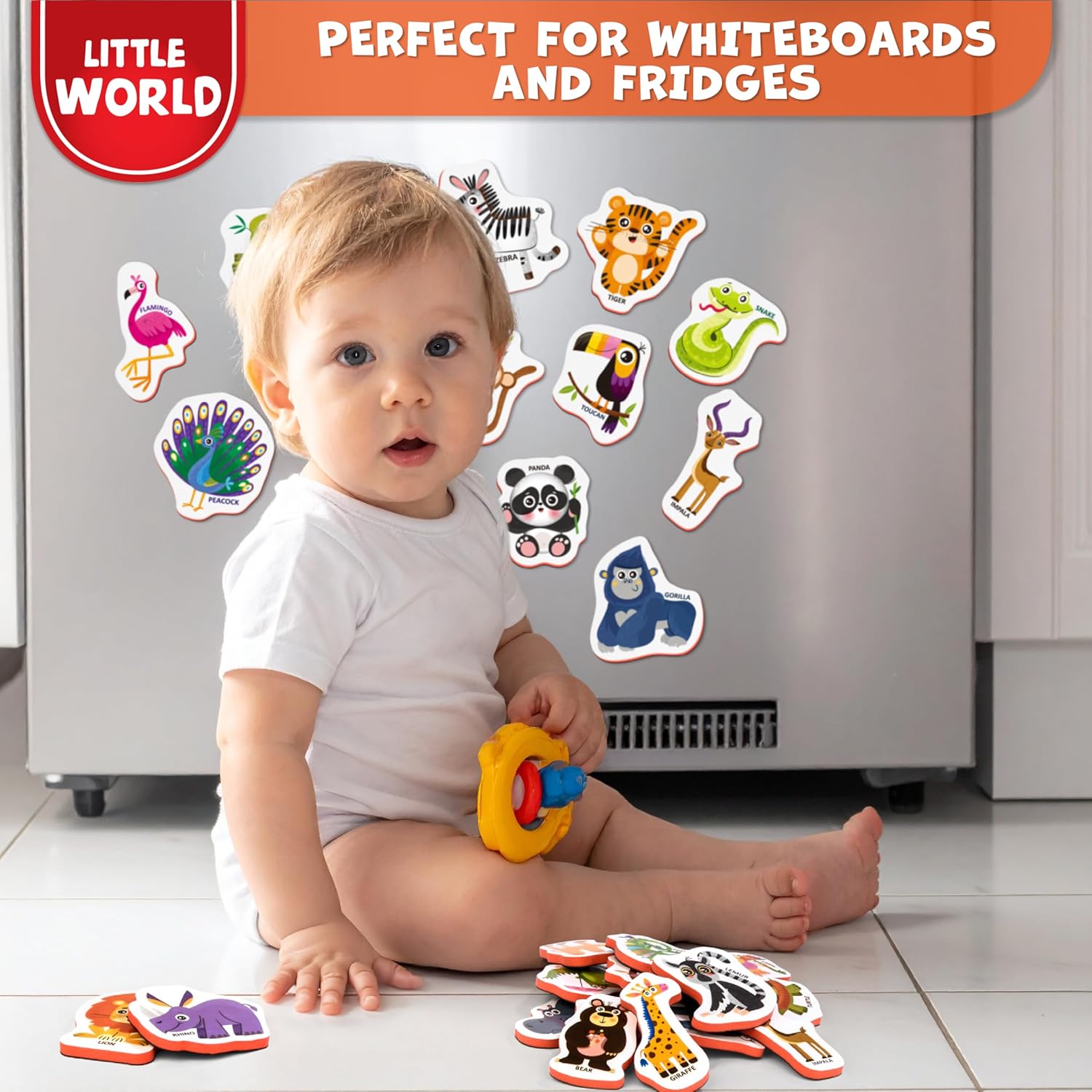 Little World Large Set of Safe and Durable Fridge Magnets for Toddlers 1-3 | Foam Refrigerator Magnets for Kids with Gift Box | Waterproof, Non-Toxic Zoo Magnetic Animals for Children and Babies 1+