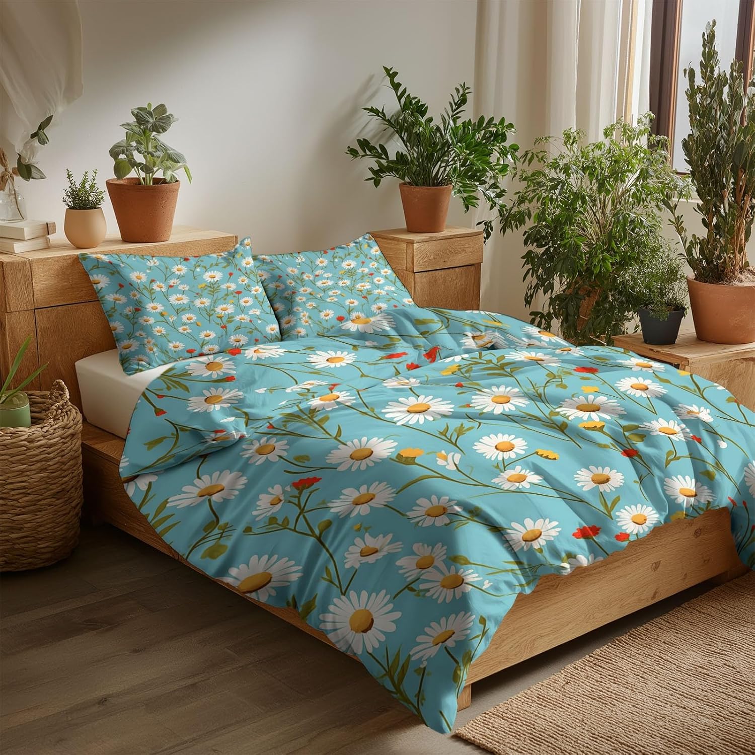 Retro Plants Wildflowers Daisy Duvet Cover Twin Size 69 x 91 inches for Adults Kids Teens Bedroom Decor, Green Print Comforter Cover 3 Piece - Polyester Bedding Set with 2 Pillow Cases