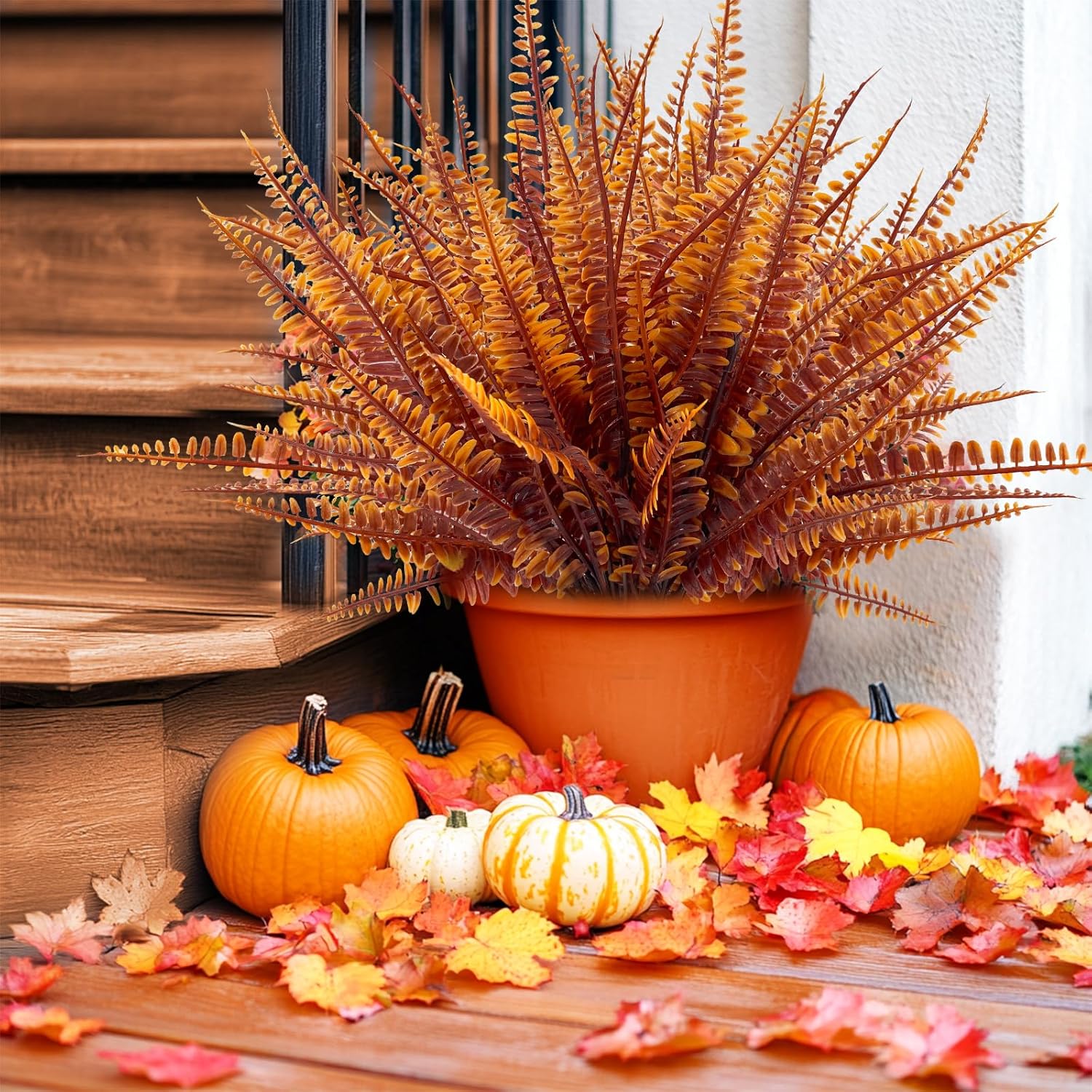 TURNMEON 20 Bundles Artificial Fall Flowers for Outdoors Fall Thanksgiving Decorations, UV Resistant Fall Plants Faux Boston Fern Fake Mums Plastic Greenery Shrubs for Home Porch Gardens Autumn Decor - Image 3