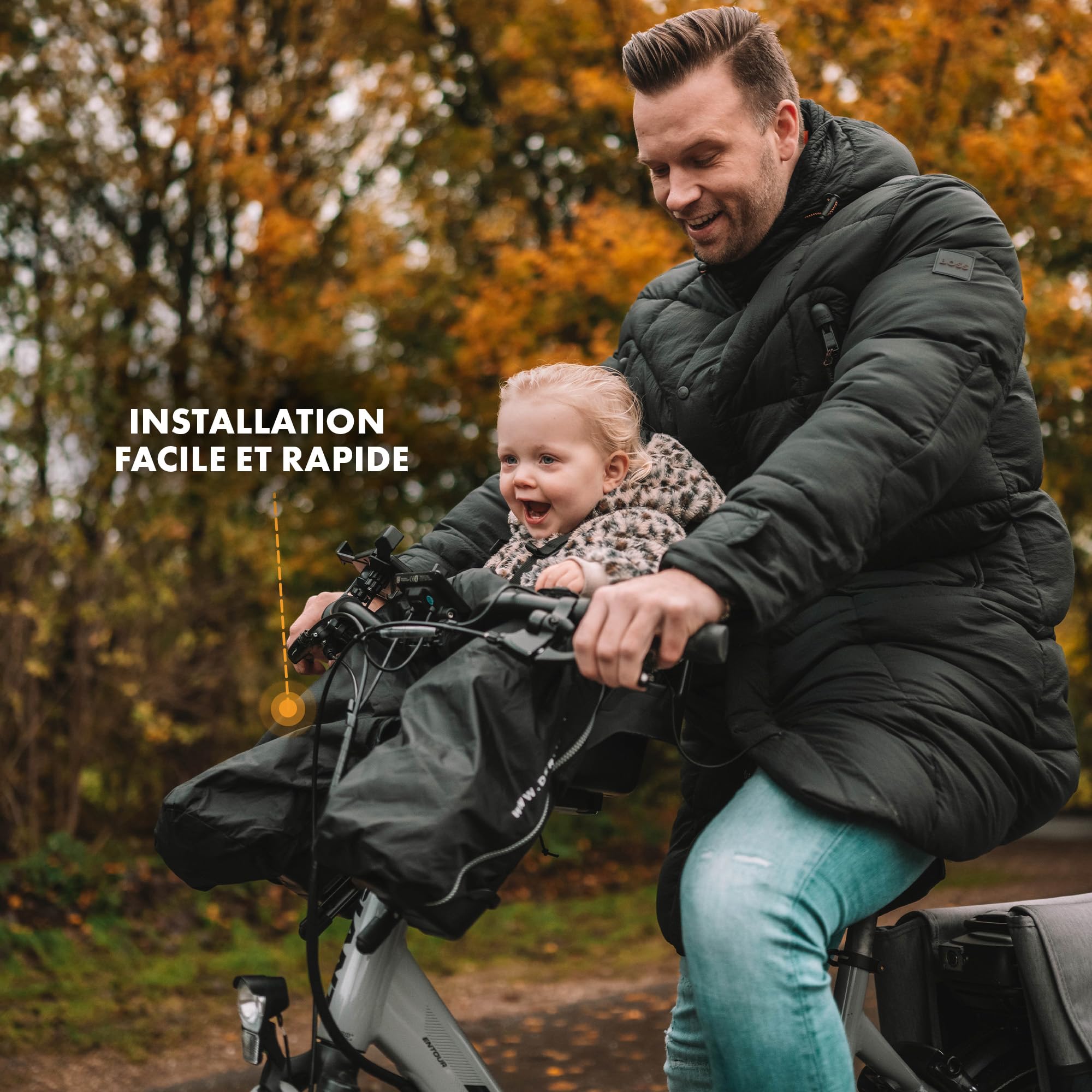 DERYAN Bike-A-Way - Chancelière unique, belle et chaude - Facile à utiliser - Avec poncho - Protège votre enfant du froid, de la pluie et de la neige - Idéal par temps changeant